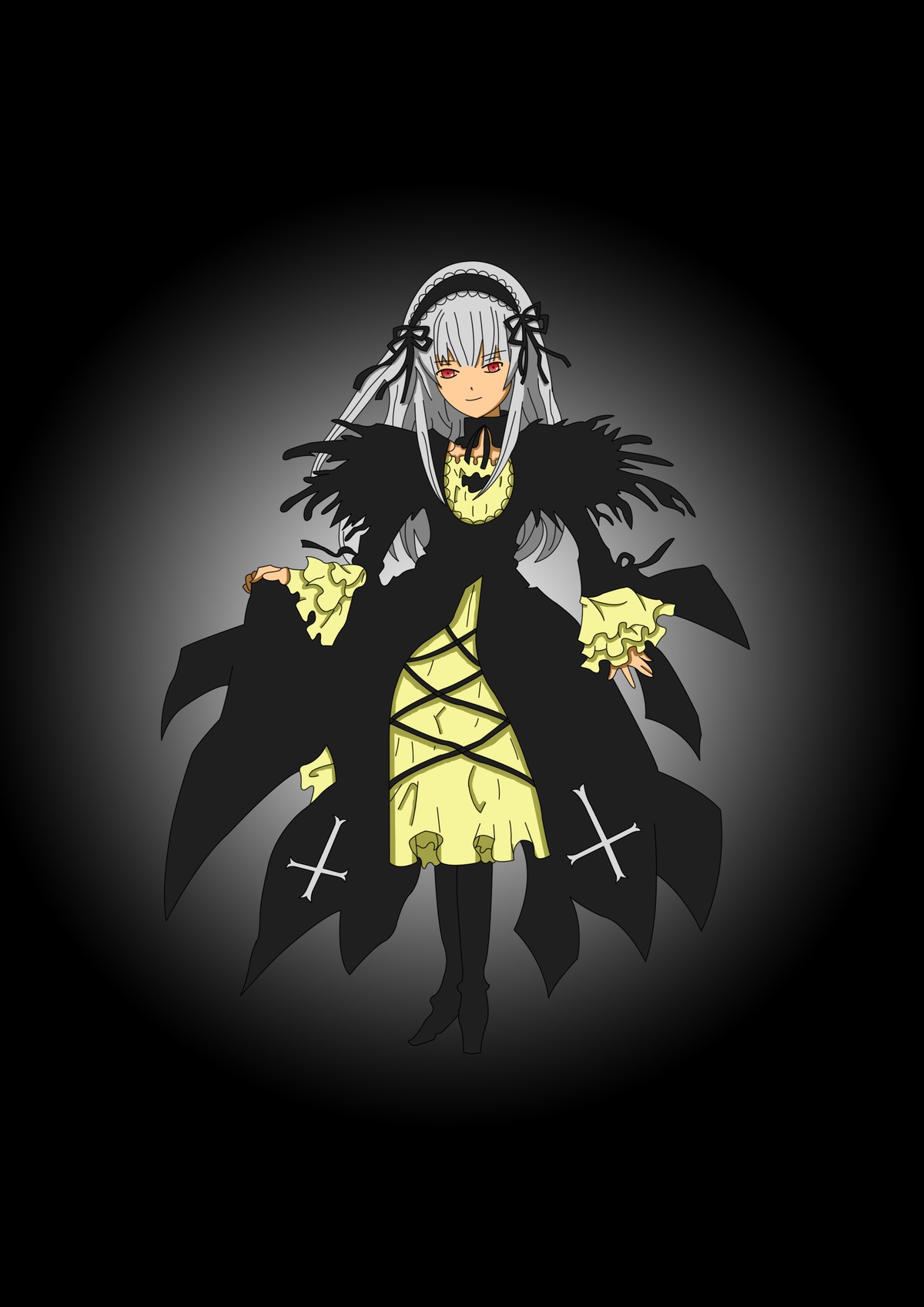 1girl bangs black_background black_dress black_footwear black_wings boots closed_mouth cross dress eyebrows_visible_through_hair full_body hairband image long_hair long_sleeves looking_at_viewer red_eyes ribbon silver_hair simple_background solo standing suigintou wings