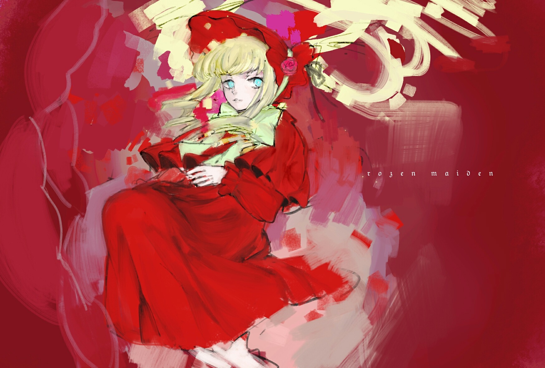 1girl blonde_hair blue_eyes bonnet capelet dress flower image long_hair long_sleeves red_capelet red_dress red_flower red_theme rose shinku solo teacup twintails