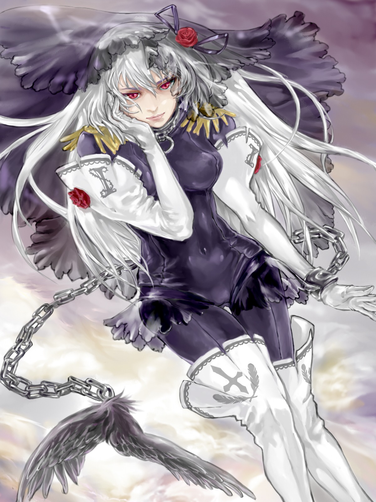 1girl anchor black_wings bodysuit breasts broken_chain chain chained cuffs feathers flower handcuffs image long_hair red_eyes rose shackles silver_hair solo suigintou thigh_boots thighhighs white_hair wings