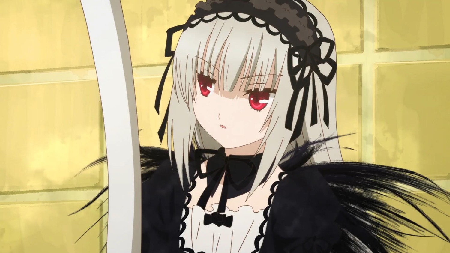 1girl bangs black_dress black_ribbon detached_collar dress eyebrows_visible_through_hair hairband image long_hair looking_at_viewer red_eyes ribbon silver_hair solo suigintou wings