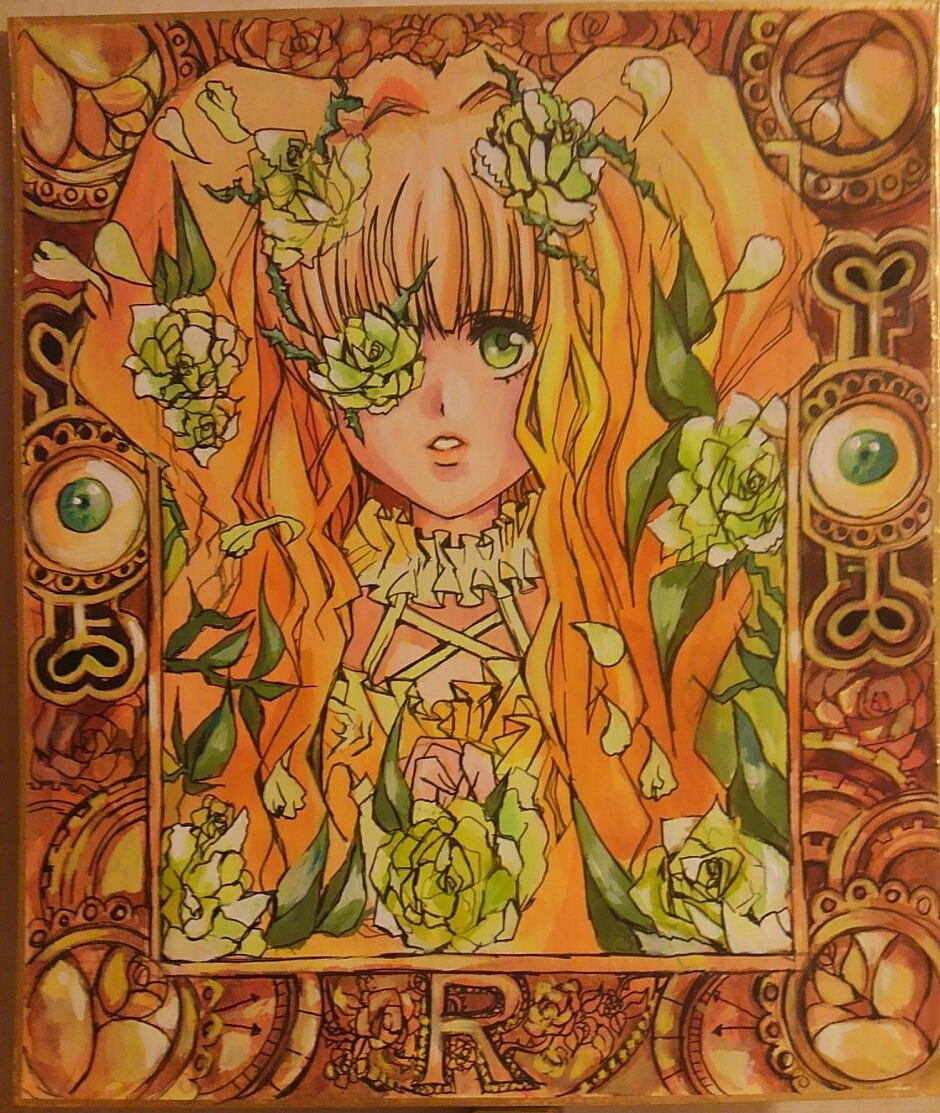 1girl art_nouveau blonde_hair flower frame green_eyes hair_flower hair_ornament image kirakishou long_hair one_eye_covered orange_flower parted_lips plant rose solo thorns traditional_media vines white_flower white_rose yellow_flower yellow_rose