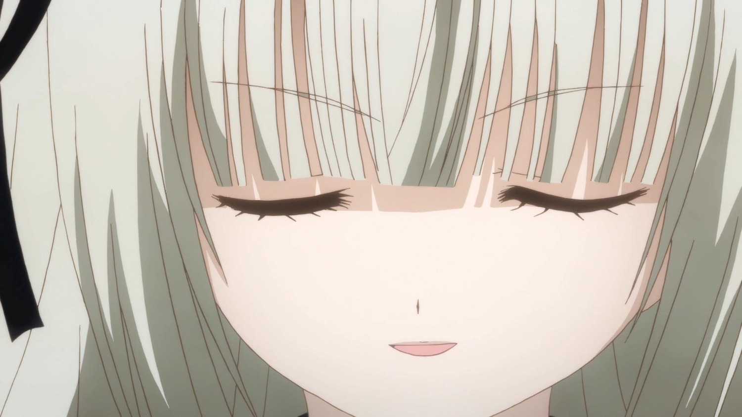 1girl bangs blush close-up closed_eyes eyebrows_visible_through_hair face facing_viewer grey_hair hair_ribbon image ribbon silver_hair simple_background solo suigintou