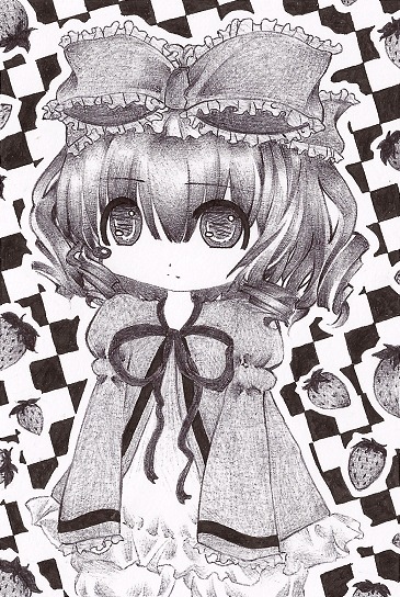 1girl argyle argyle_background argyle_legwear board_game bow bug butterfly checkerboard_cookie checkered checkered_background checkered_floor checkered_kimono checkered_skirt chess_piece cookie front_ponytail hair_bow hair_ribbon himekaidou_hatate hinaichigo image insect kagiyama_hina marker_(medium) monochrome perspective plaid_background ribbon solo tile_floor tiles traditional_media