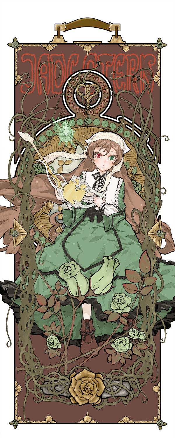 1girl art_nouveau auto_tagged blush boots brown_hair commentary_request dress flower frills fujinozu full_body german_text green_dress green_eyes green_flower green_rose head_scarf heterochromia highres holding image long_hair long_sleeves looking_at_viewer plant red_eyes rose rozen_maiden solo suiseiseki thorns very_long_hair vines watering_can yellow_flower yellow_rose
