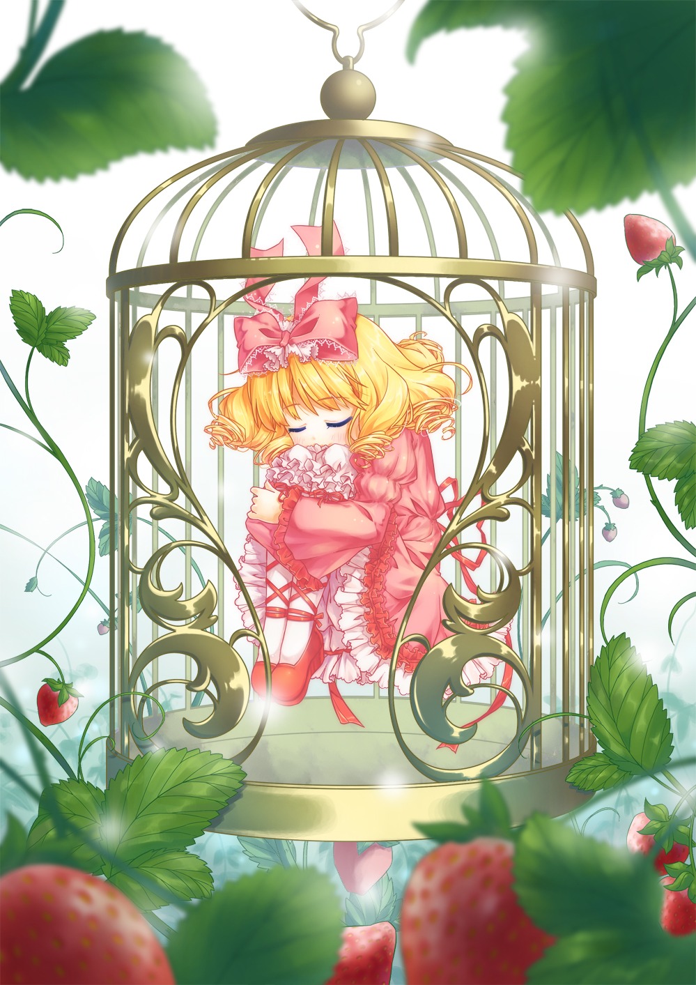 1girl apple blonde_hair blurry bow cherry closed_eyes covered_mouth covering_mouth depth_of_field flower food fruit grapes hina_ichigo hinaichigo holding_fruit image leaf pink_bow plant solo strawberry tomato watermelon