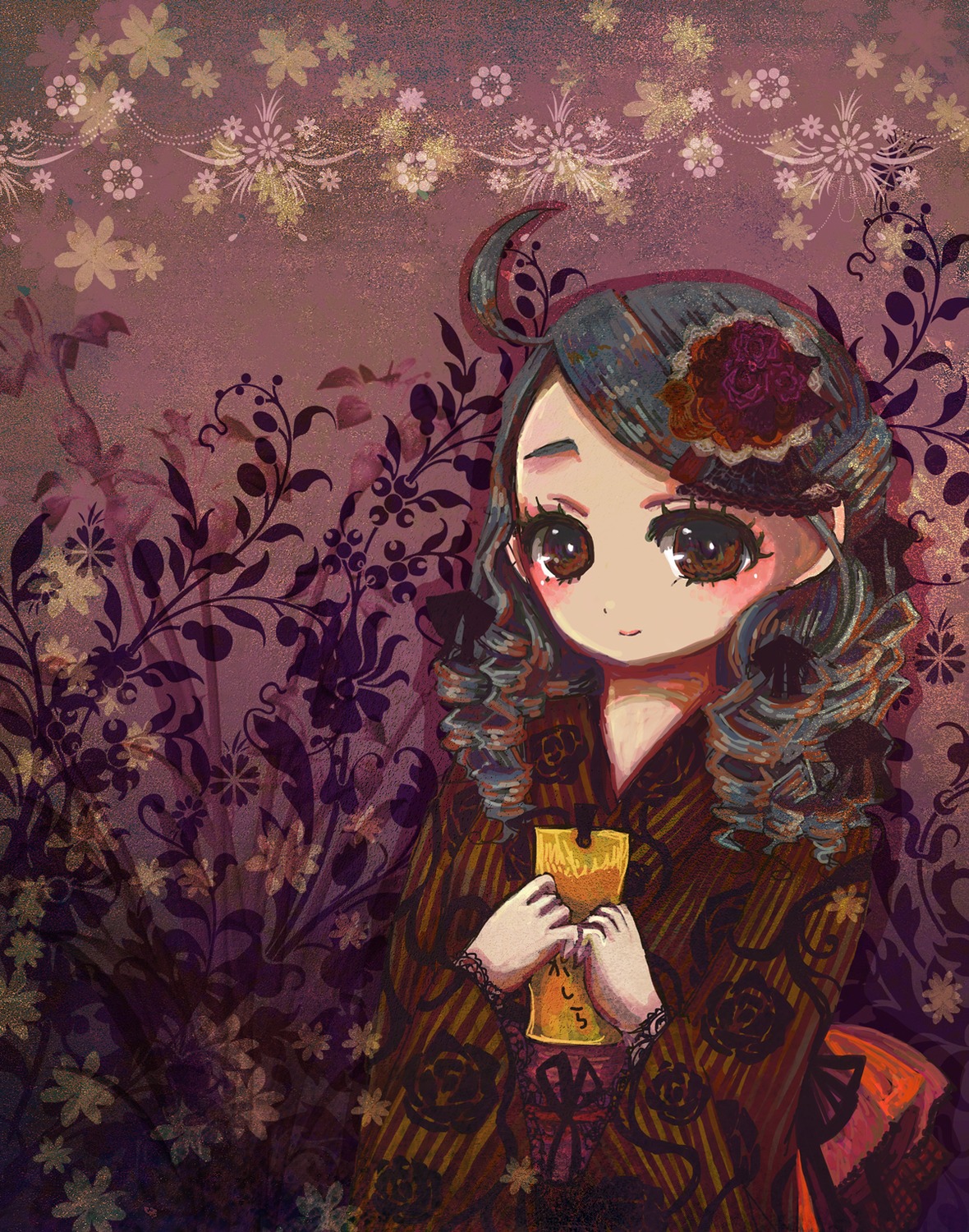 1girl blush brown_eyes drill_hair flower hair_flower hair_ornament holding image japanese_clothes kanaria kimono solo