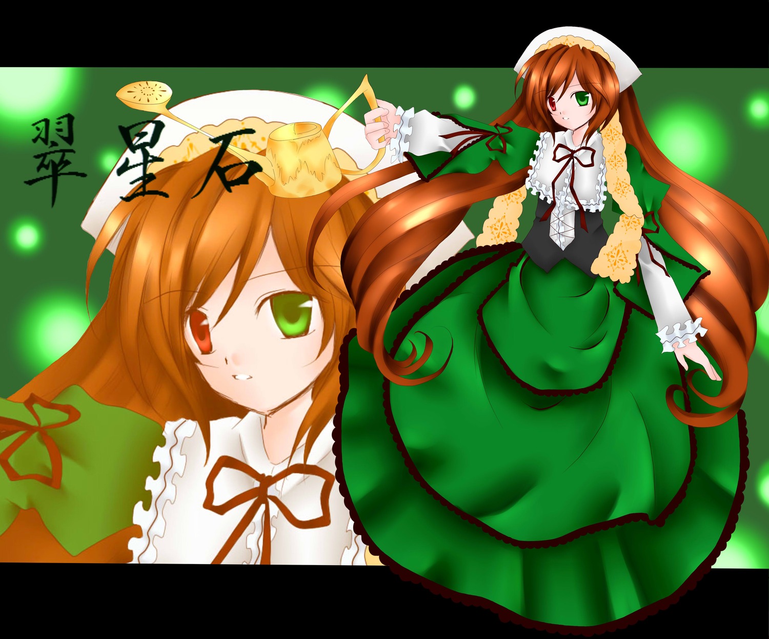 1girl brown_hair dress frills green_dress green_eyes hat head_scarf heterochromia image letterboxed long_hair long_sleeves looking_at_viewer red_eyes scissors solo suiseiseki twintails very_long_hair watering_can