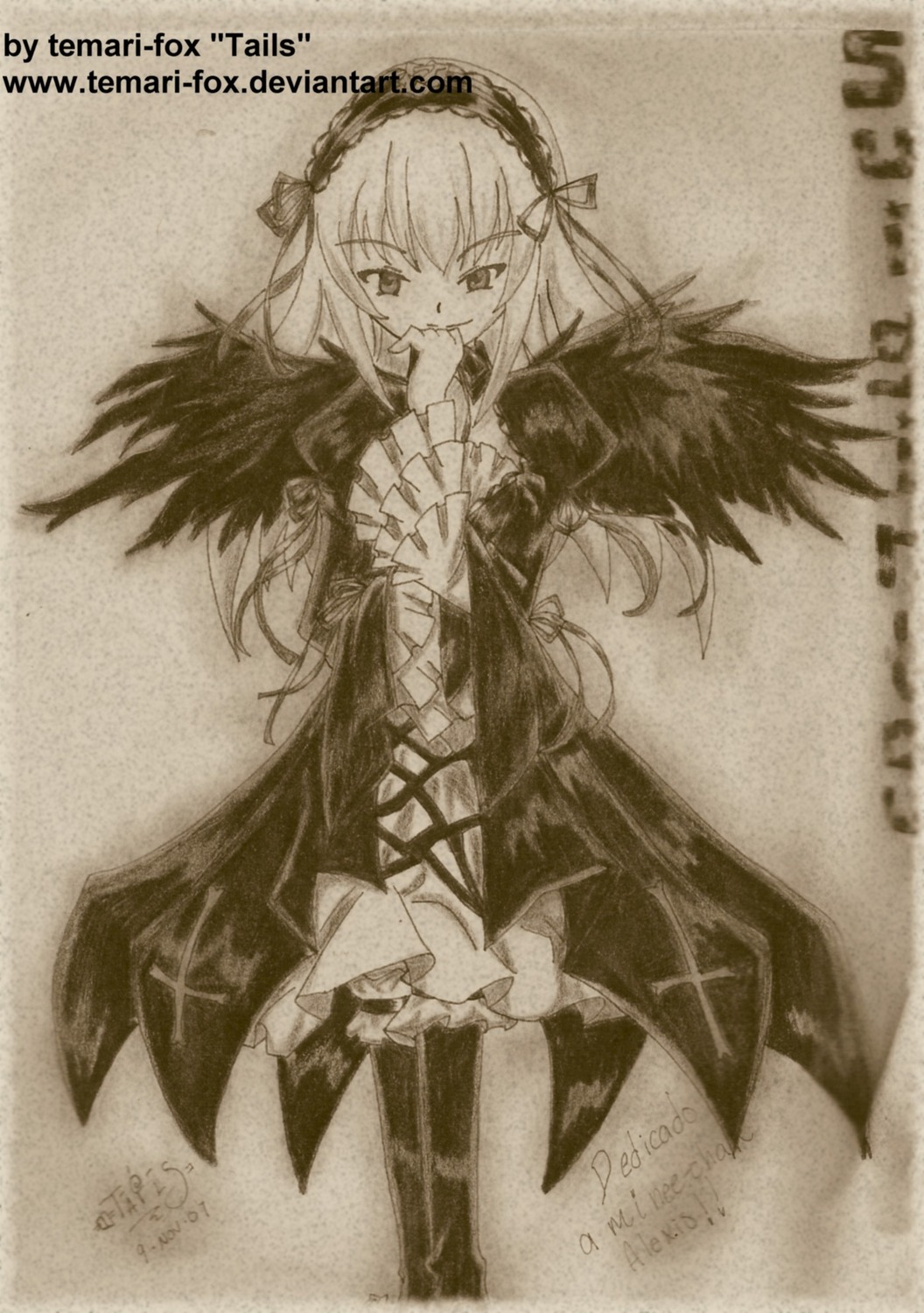 1girl dress frilled_sleeves frills hairband image long_hair long_sleeves looking_at_viewer monochrome rose solo suigintou traditional_media wings