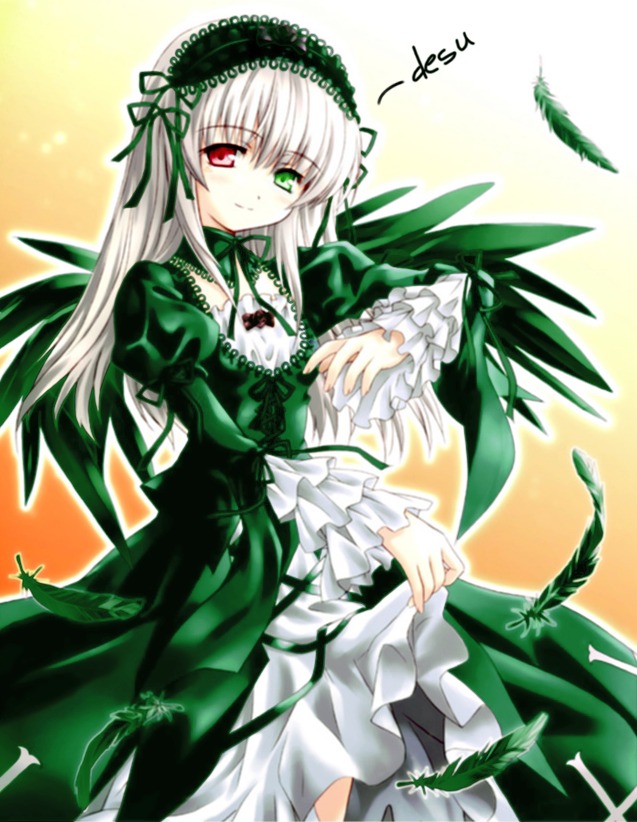 1girl detached_collar dress frills green_eyes hairband heterochromia image long_hair long_sleeves looking_at_viewer multiple plant red_eyes ribbon silver_hair smile solo standing suigintou tagme wings
