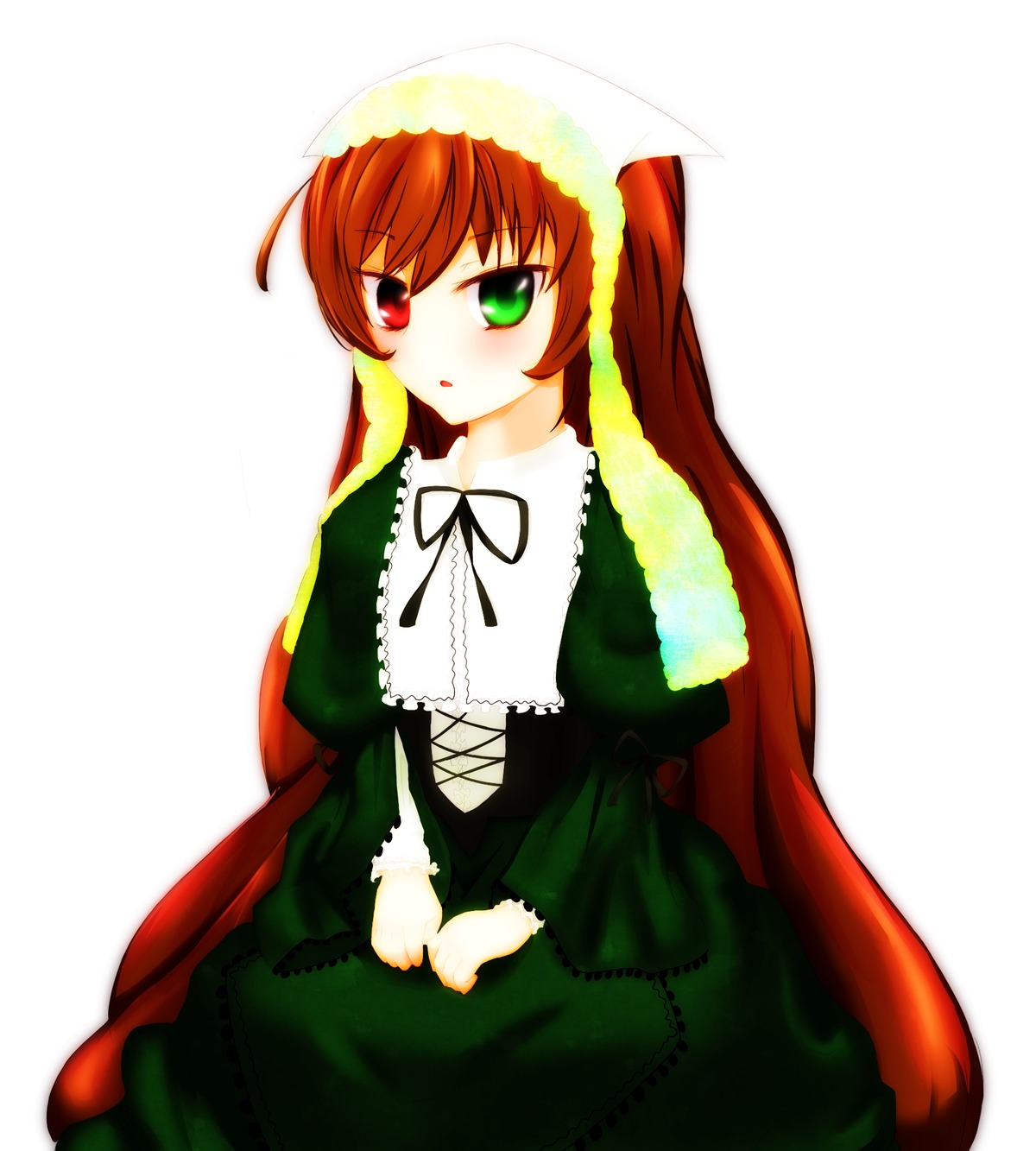 1girl blush brown_hair dress frills green_dress green_eyes heterochromia image long_hair long_sleeves looking_at_viewer red_eyes simple_background sitting solo suiseiseki white_background