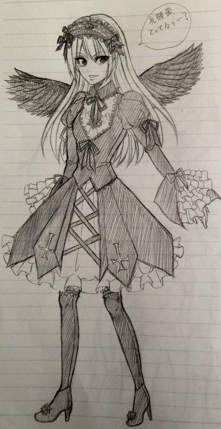 1girl boots dress feathered_wings frills full_body greyscale hairband high_heels juliet_sleeves long_hair long_sleeves looking_at_viewer monochrome smile solo standing suigintou traditional_media wings