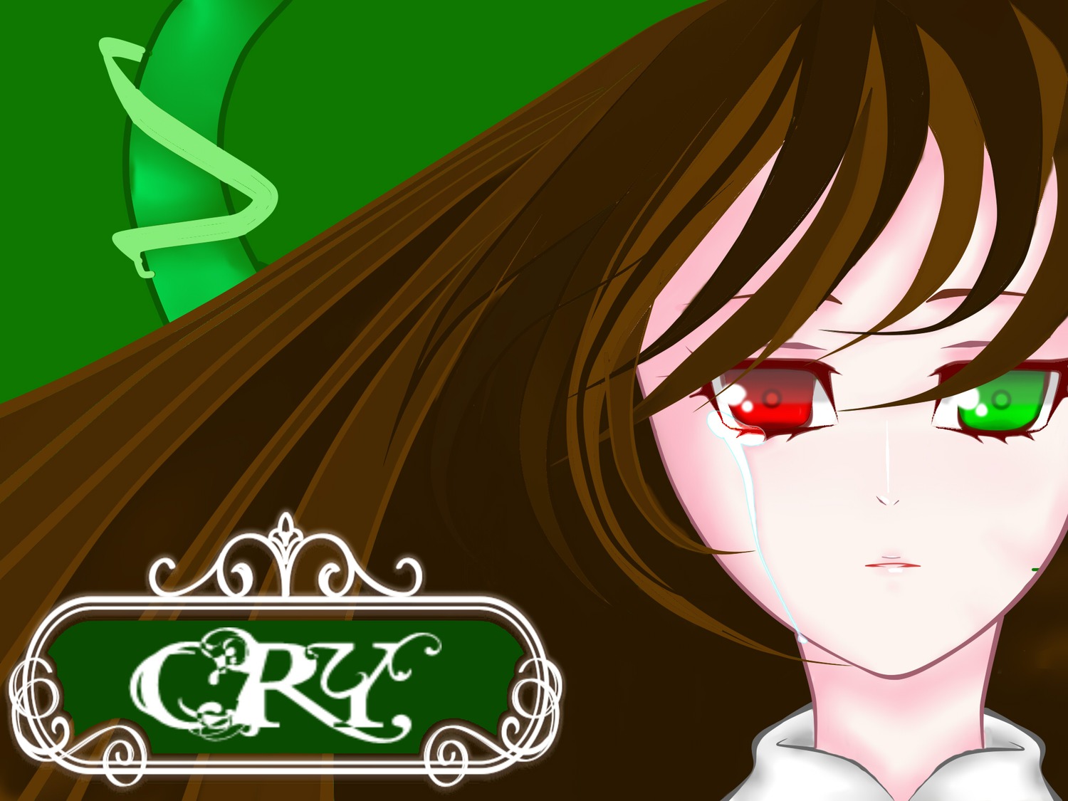 1girl auto_tagged bangs brown_hair collared_shirt crying crying_with_eyes_open expressionless green_background green_eyes heterochromia image looking_at_viewer portrait red_eyes short_hair simple_background solo suiseiseki tears