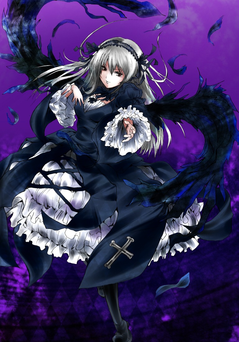 1girl bad_id bad_pixiv_id black_wings bow checkered checkered_background checkered_floor doll_joints dress feathers flower frilled_sleeves frills gothic_lolita hairband image itsuya joints lolita_fashion long_hair long_sleeves looking_at_viewer red_eyes ribbon rose rozen_maiden silver_hair solo suigintou wings
