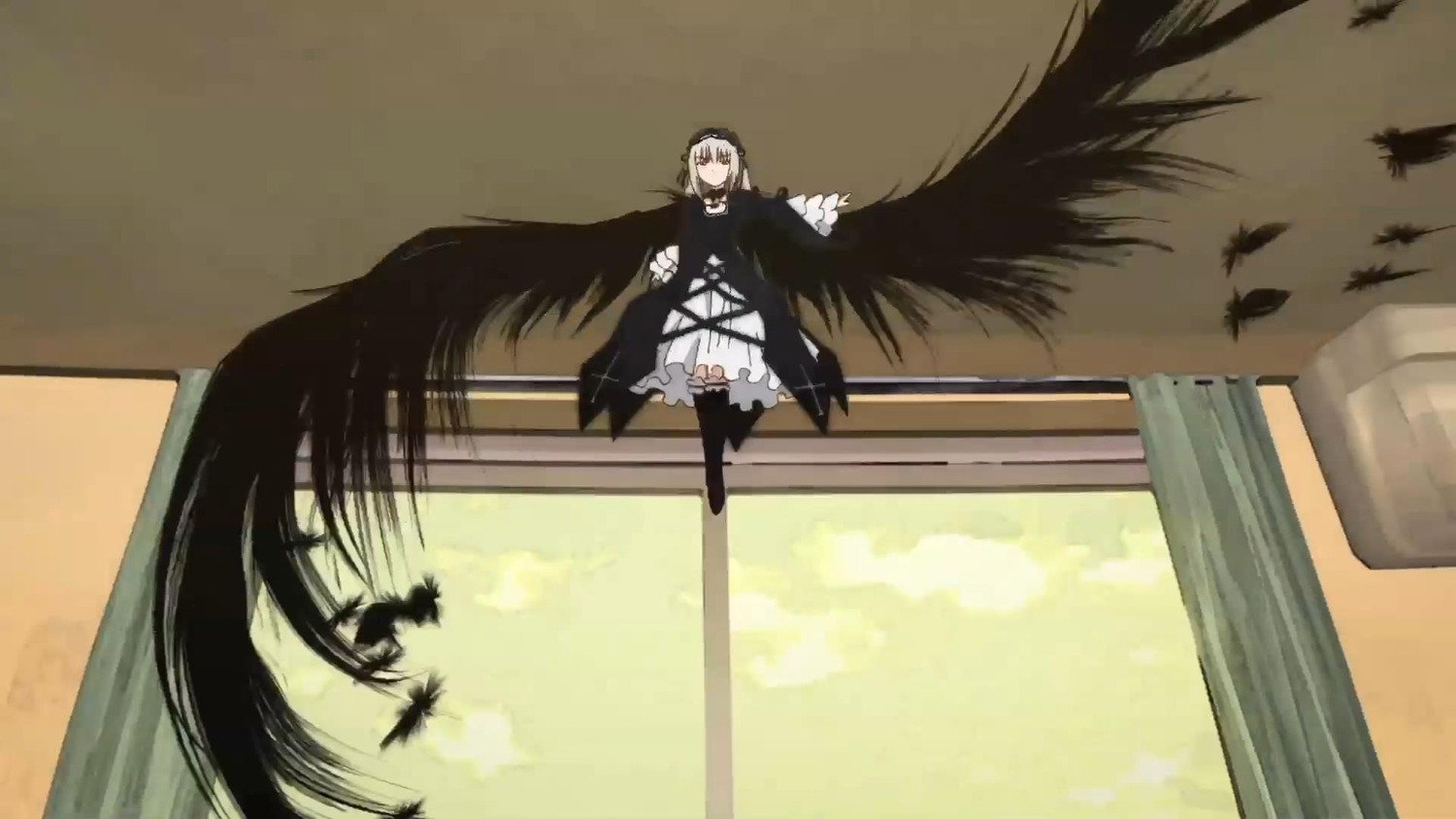 1girl bird black_wings dress feathers image long_sleeves solo standing suigintou wings