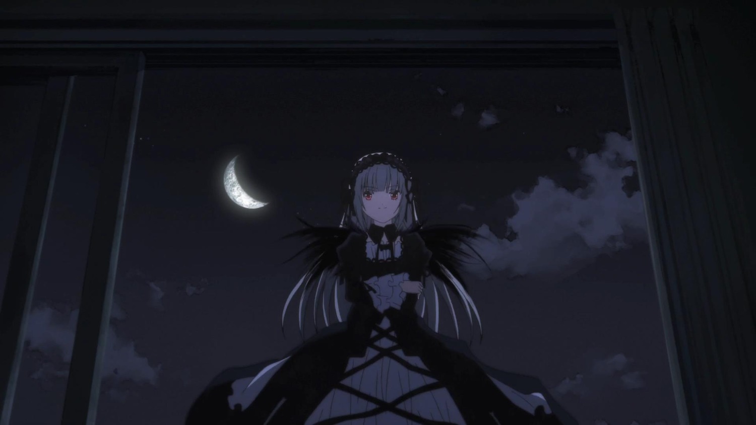 1girl bangs black_dress closed_mouth cloud crescent_moon dress eyebrows_visible_through_hair flower frills gothic_lolita hairband image lolita_fashion long_hair long_sleeves looking_at_viewer moon night red_eyes rose sky smile solo suigintou very_long_hair