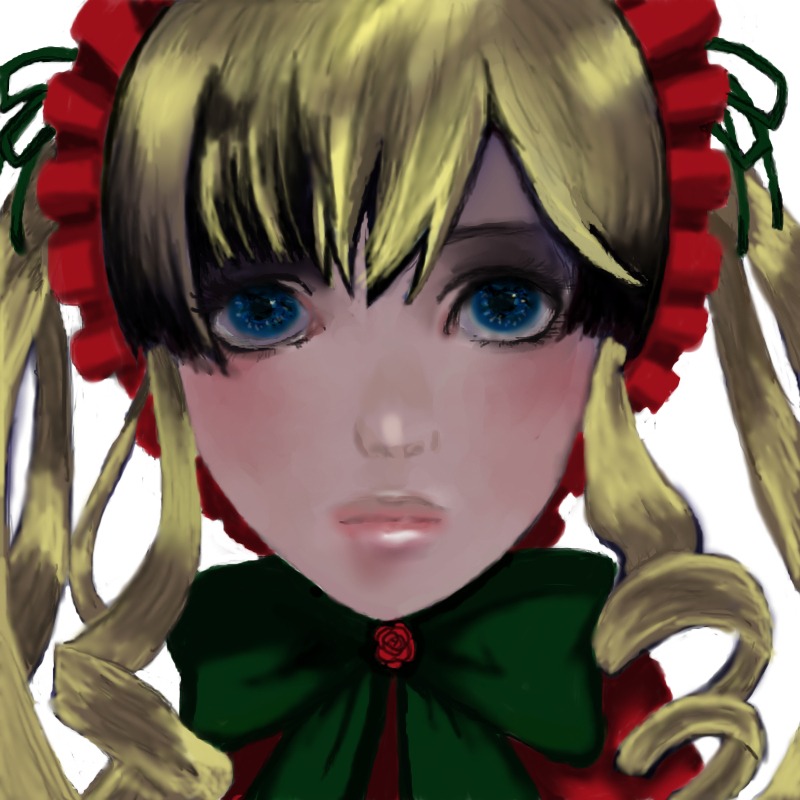 1girl auto_tagged bangs blonde_hair blue_eyes bonnet bow closed_mouth drill_hair face flower green_bow image lips long_hair looking_at_viewer red_flower red_rose rose shinku simple_background solo twin_drills white_background