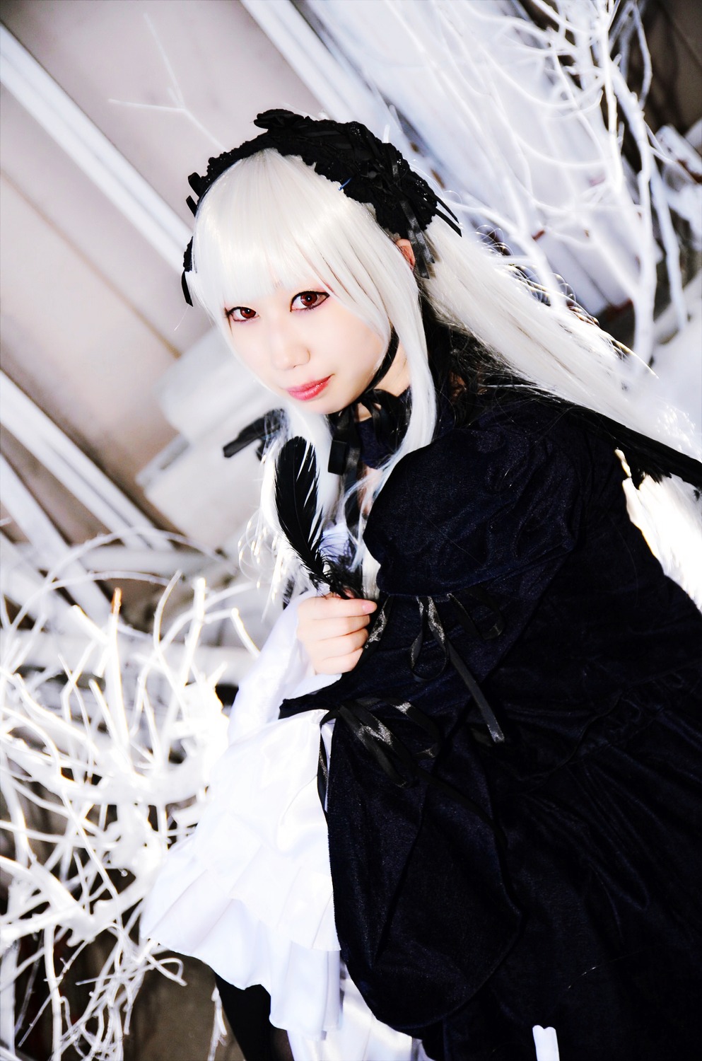 1girl black_dress blurry blurry_background depth_of_field dress gothic_lolita holding lips lolita_fashion long_hair long_sleeves looking_at_viewer solo suigintou white_hair