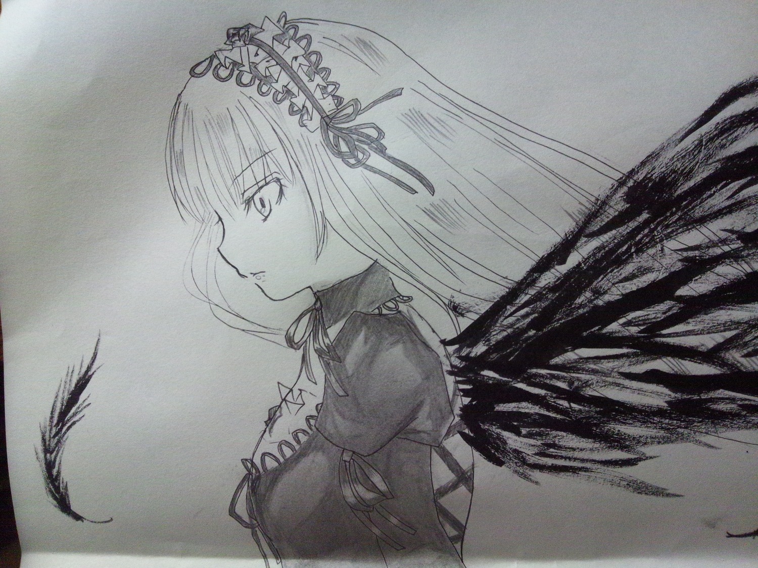 1girl bangs breasts closed_mouth dress eyebrows_visible_through_hair feathered_wings feathers flower greyscale hairband image juliet_sleeves long_hair long_sleeves monochrome profile puffy_sleeves ribbon solo suigintou traditional_media upper_body wings