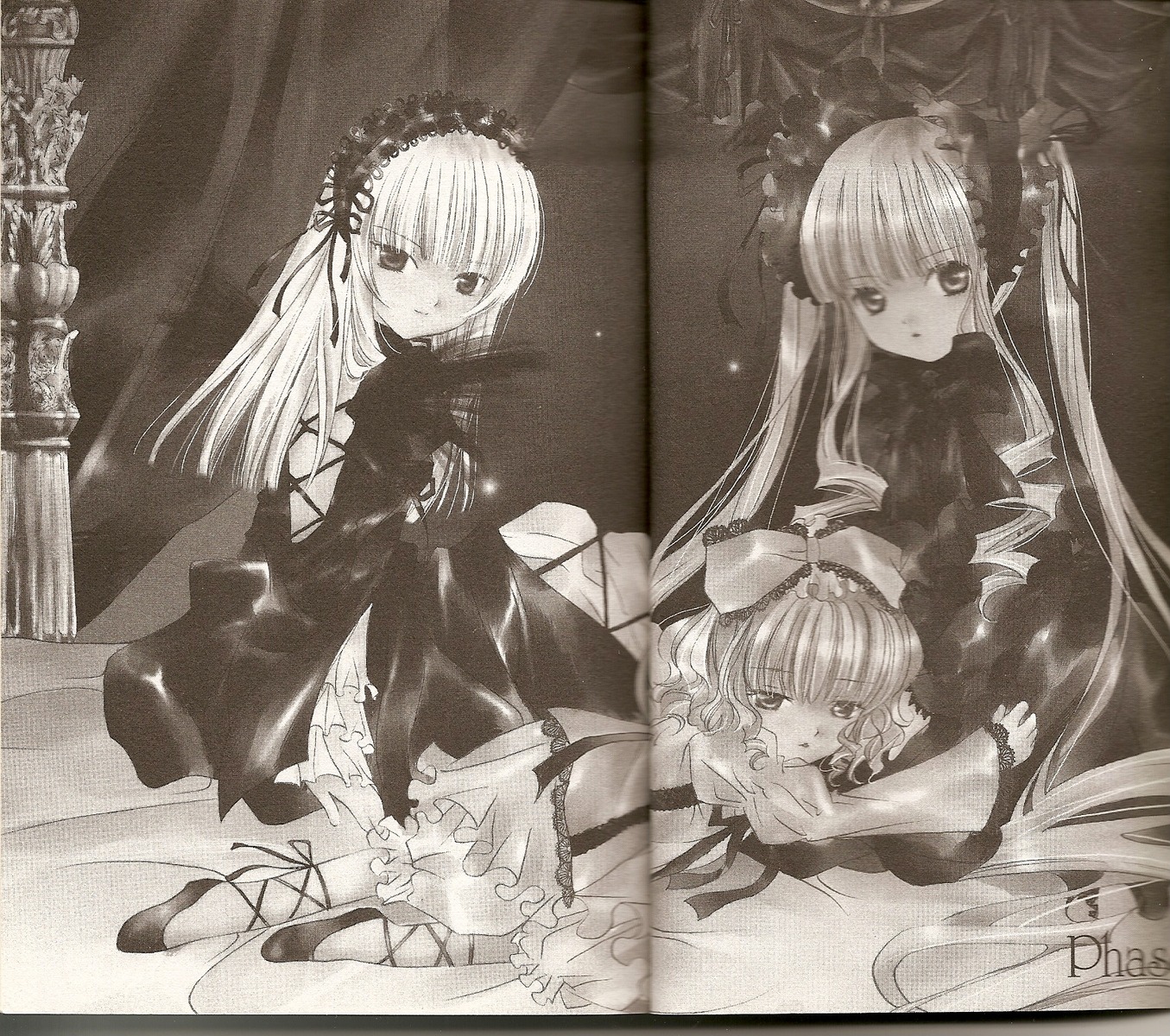 3girls bow dress frills hairband image long_hair long_sleeves looking_at_viewer monochrome multiple multiple_girls ribbon shinku siblings sitting suigintou tagme very_long_hair wings