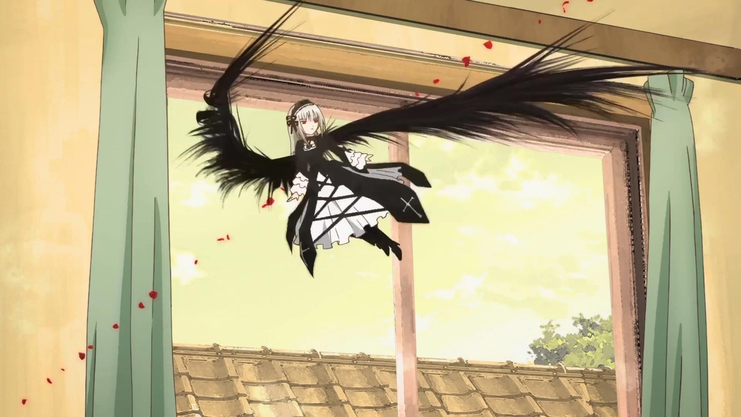 1girl black_wings dress feathers hairband image long_sleeves looking_at_viewer solo suigintou window wings