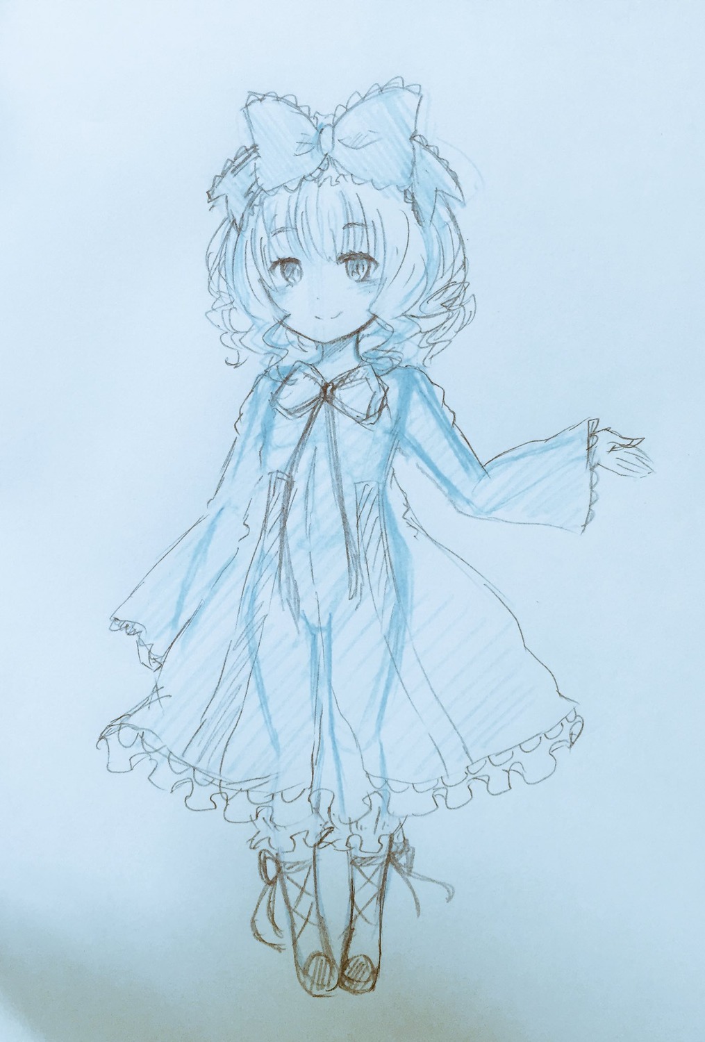 1girl bangs blue_theme blush bow closed_mouth dress eyebrows_visible_through_hair full_body hair_bow hinaichigo image long_sleeves looking_at_viewer monochrome short_hair sketch smile solo standing traditional_media