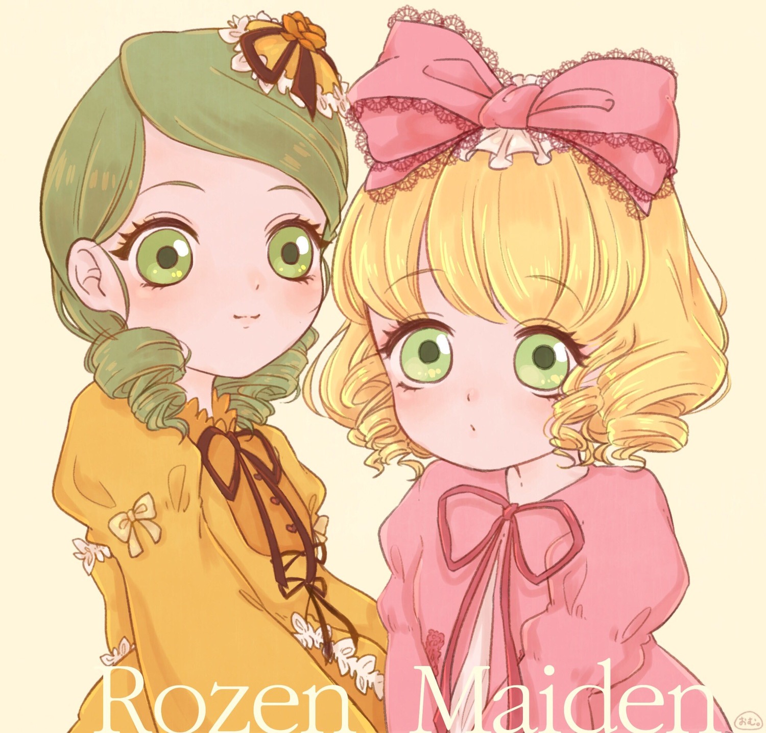 2girls blonde_hair blush bow curly_hair dress drill_hair eyebrows_visible_through_hair green_eyes green_hair hair_bow hina_ichigo hinaichigo image juliet_sleeves kanaria long_sleeves looking_at_viewer multiple_girls neck_ribbon pair pink_bow puffy_sleeves ribbon short_hair siblings sisters smile twins