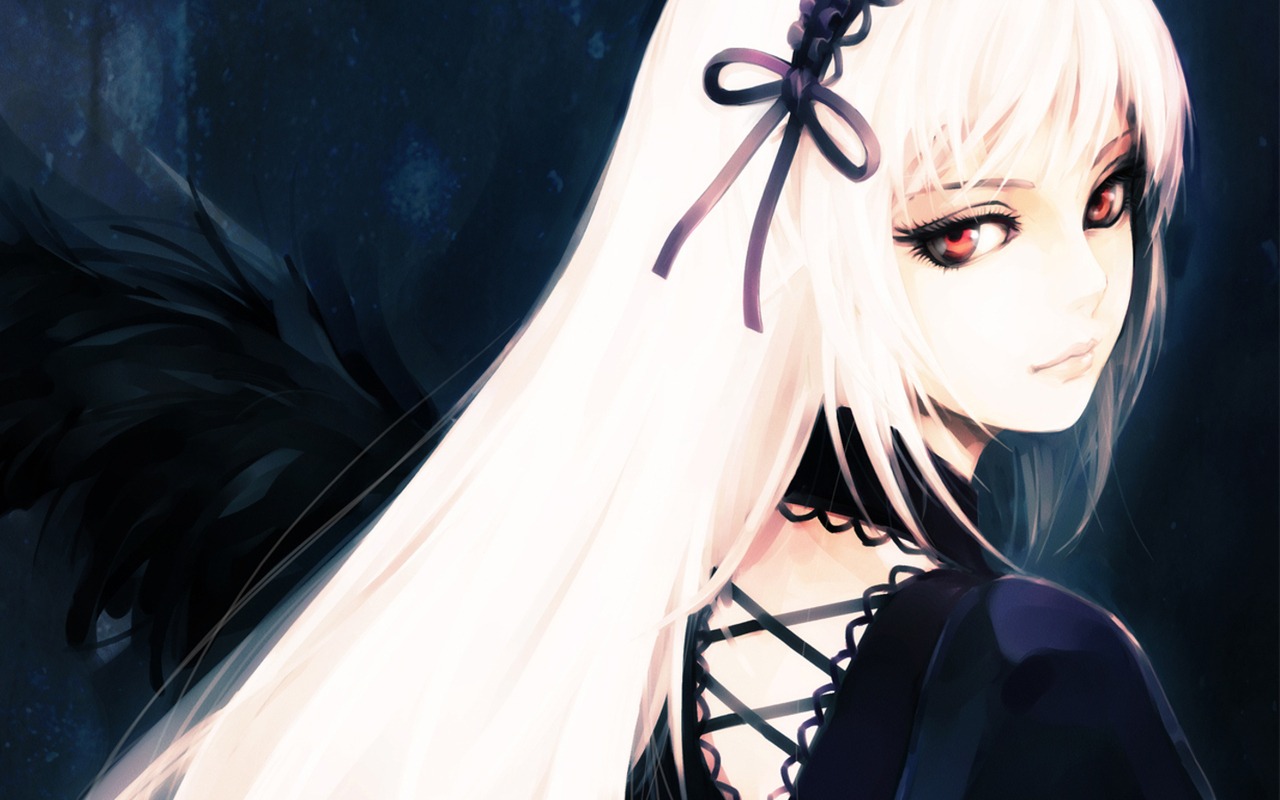 1girl bangs black_dress black_ribbon closed_mouth dress image long_hair looking_at_viewer red_eyes ribbon solo suigintou upper_body white_hair