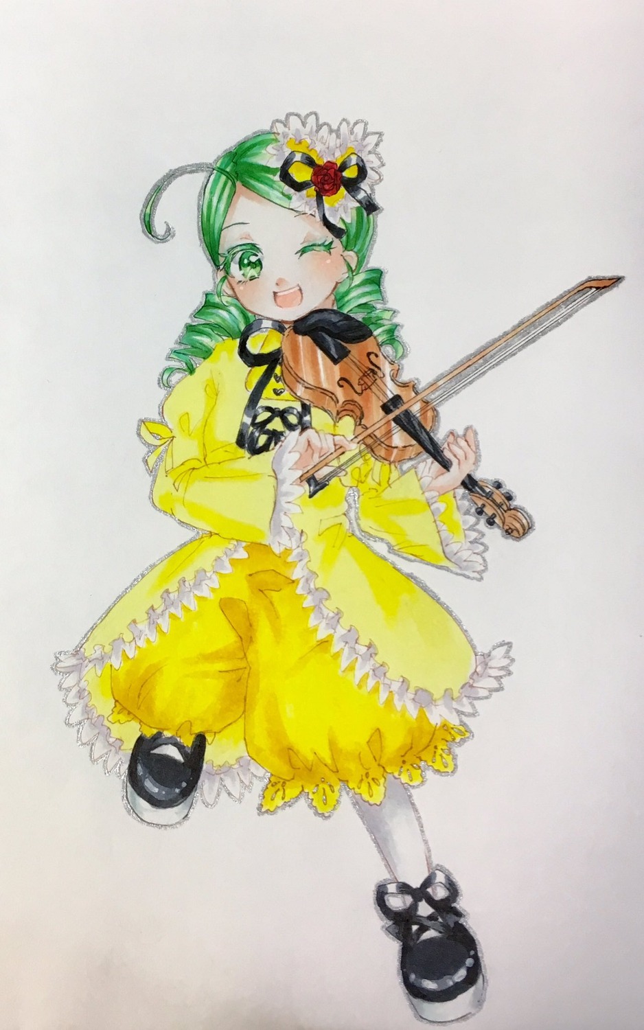 1girl dress drill_hair flower frills full_body green_eyes green_hair hair_ornament instrument kanaria long_sleeves one_eye_closed open_mouth pantyhose shoes smile solo standing traditional_media twin_drills yellow_dress