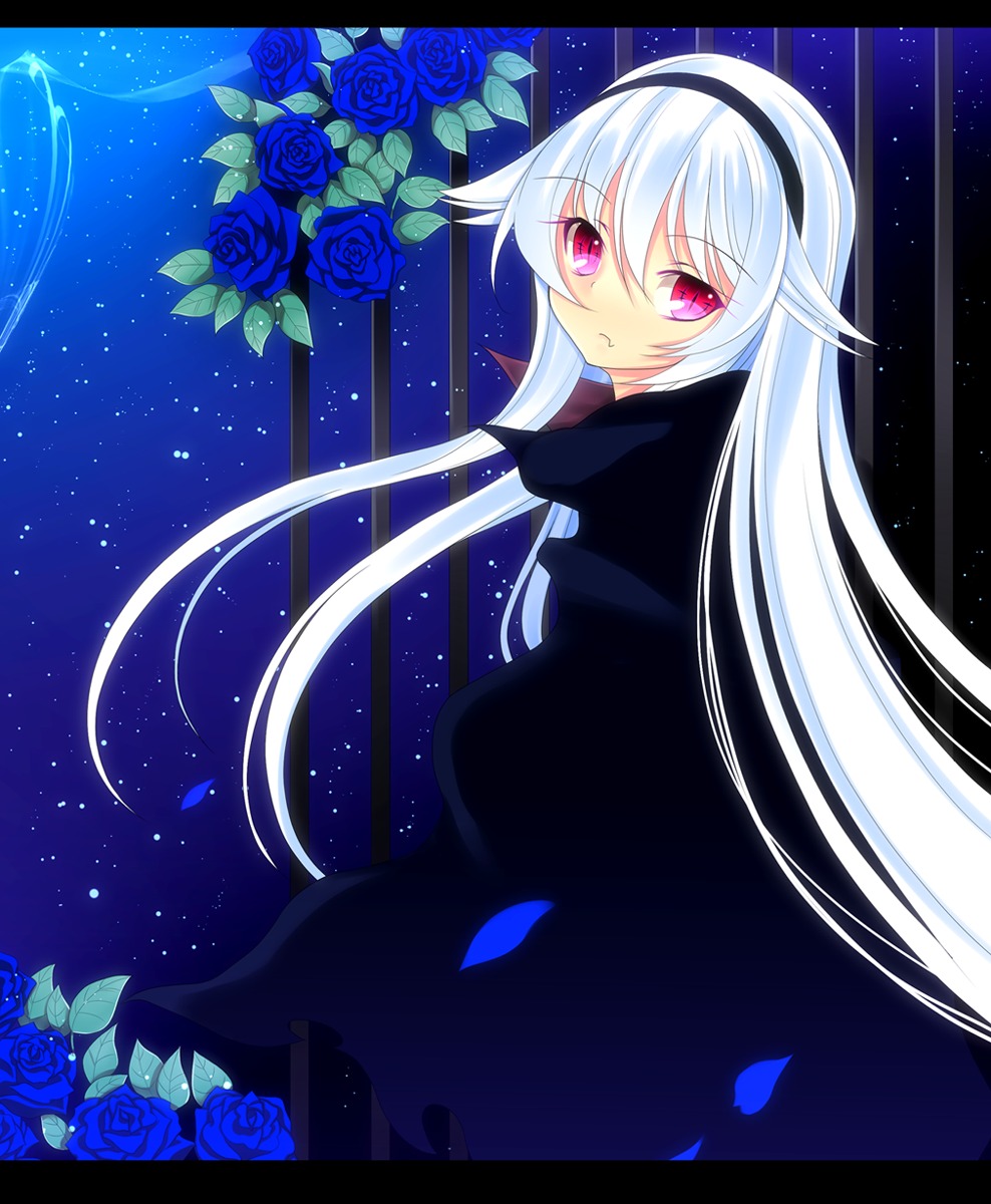 1girl black_dress black_rose blue_flower blue_rose bouquet dress flower hairband image long_hair looking_at_viewer looking_back night petals pink_rose purple_flower purple_rose red_flower red_rose rose rose_petals sky solo star_(sky) starry_sky suigintou white_rose yellow_flower yellow_rose