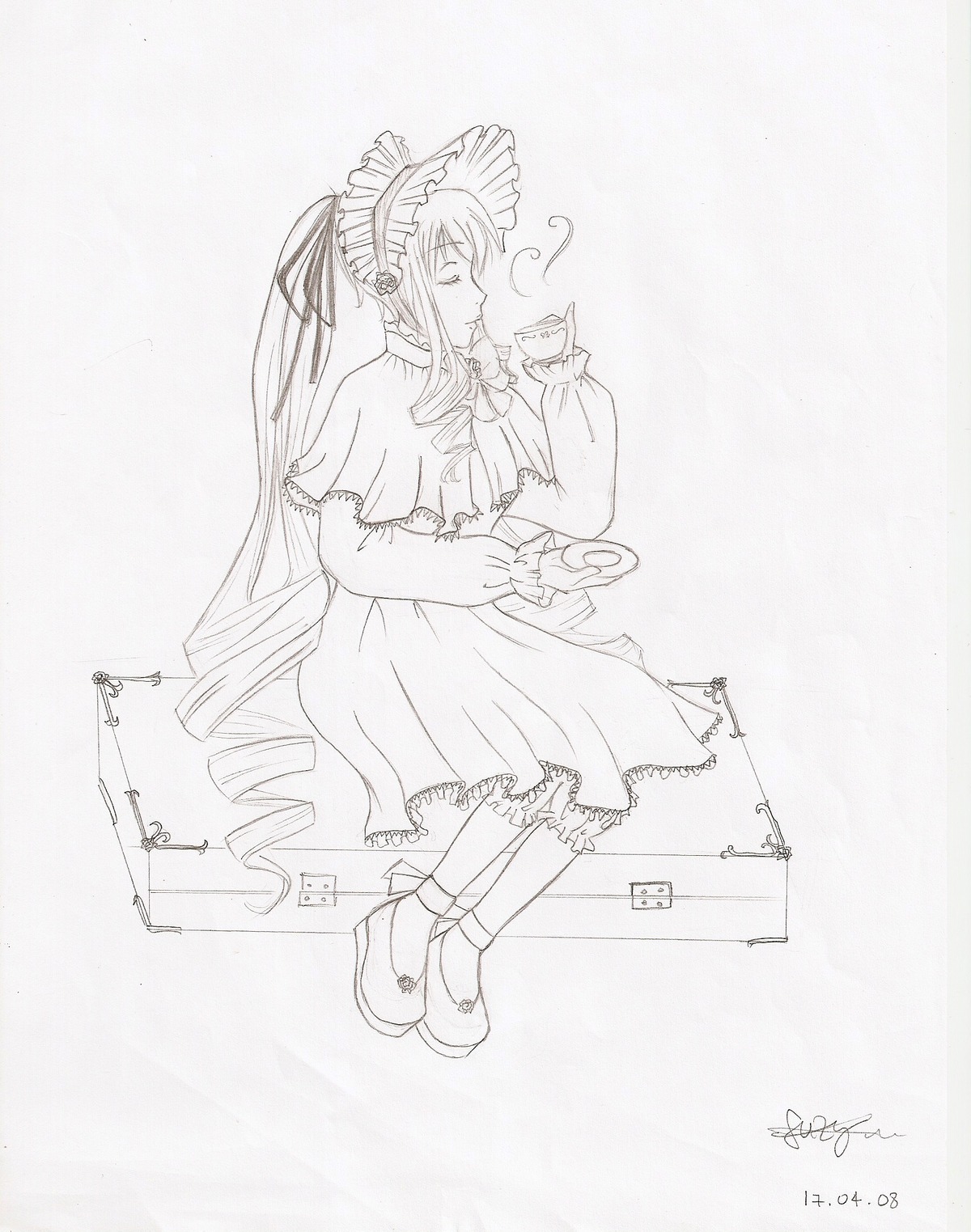 1girl bonnet cup dated dress drill_hair frills full_body image long_hair long_sleeves monochrome shinku sitting solo tea teacup twintails very_long_hair