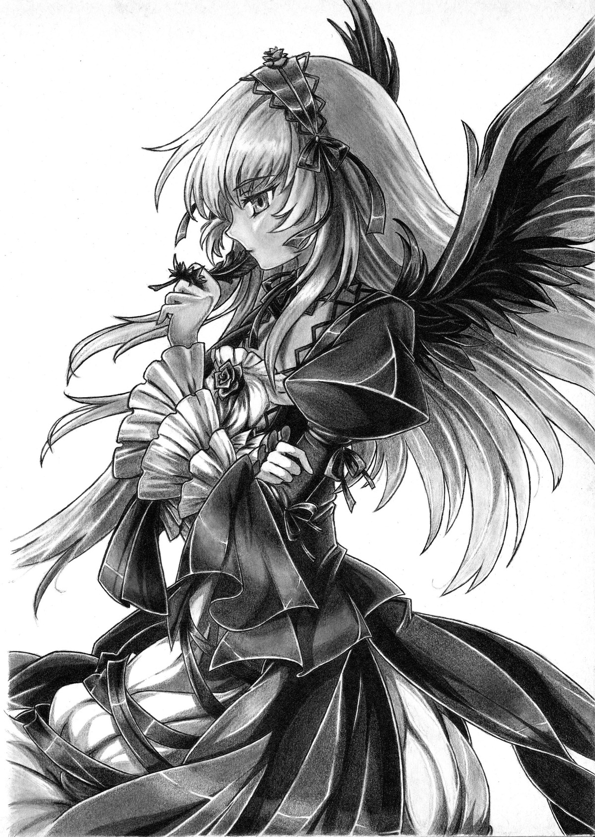 1girl blush dress feathers frills greyscale hairband image long_hair long_sleeves monochrome rose solo suigintou wings