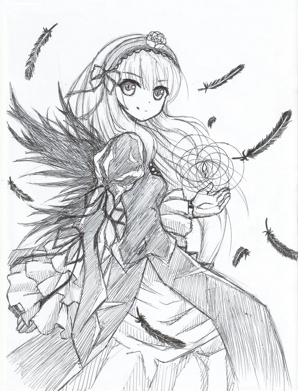 1girl bird bug butterfly dress feathers flower graphite_(medium) greyscale hairband image insect long_hair long_sleeves looking_at_viewer monochrome smile solo suigintou traditional_media wings