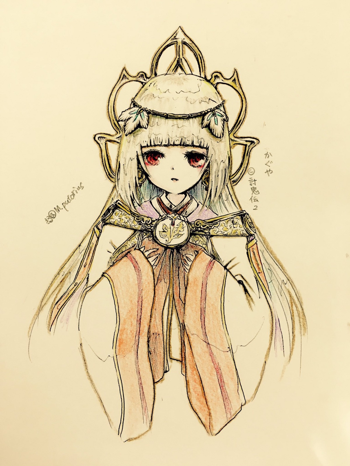 1girl bangs cropped_torso dress earrings eyebrows_visible_through_hair hair_ornament image jewelry long_hair long_sleeves looking_at_viewer red_eyes signature simple_background sleeves_past_fingers sleeves_past_wrists solo suigintou tassel twitter_username upper_body white_hair wide_sleeves