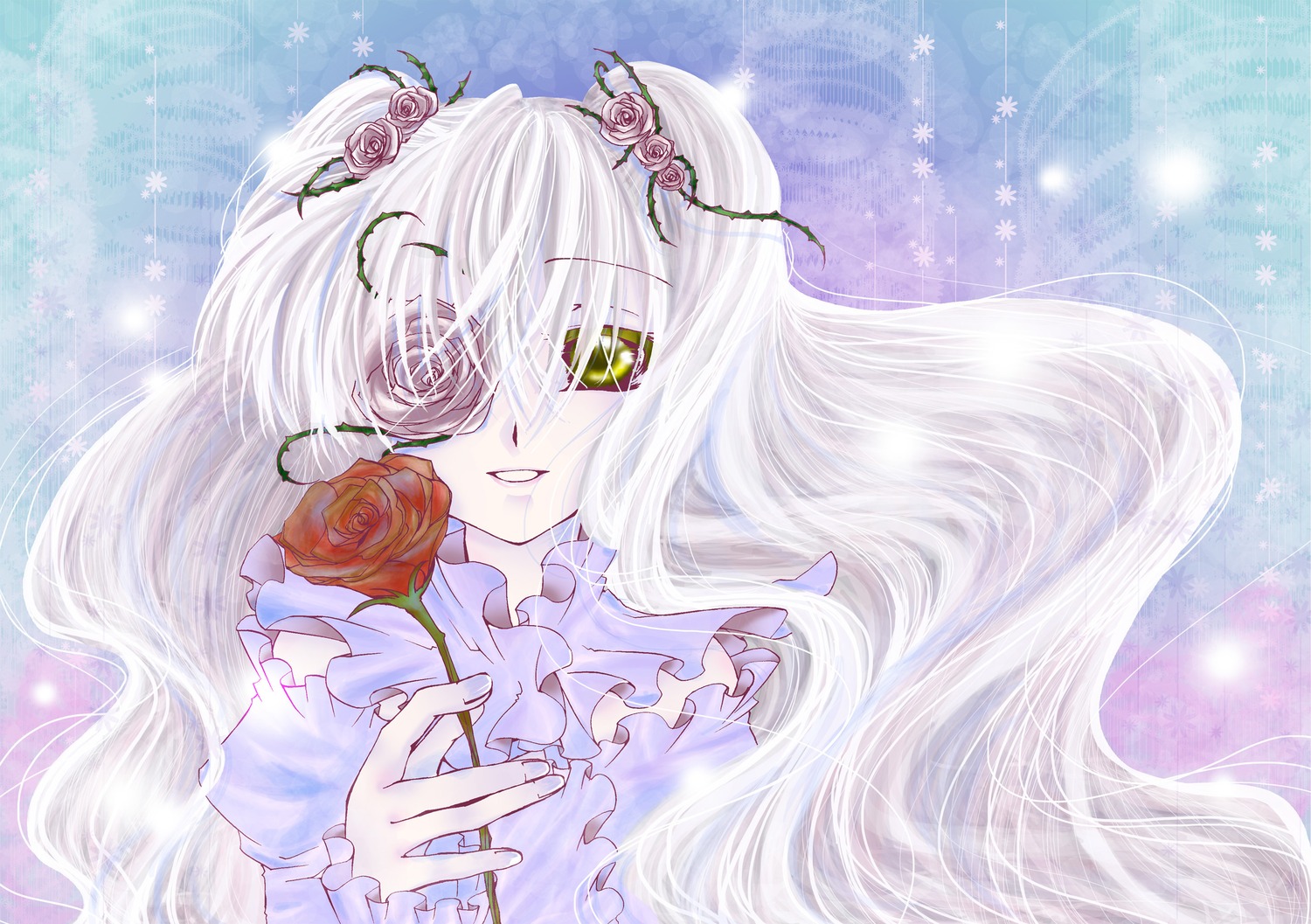 1girl blue_rose eyepatch flower hair_ornament image kirakishou long_hair pink_rose red_flower red_rose rose smile solo thorns white_hair white_rose