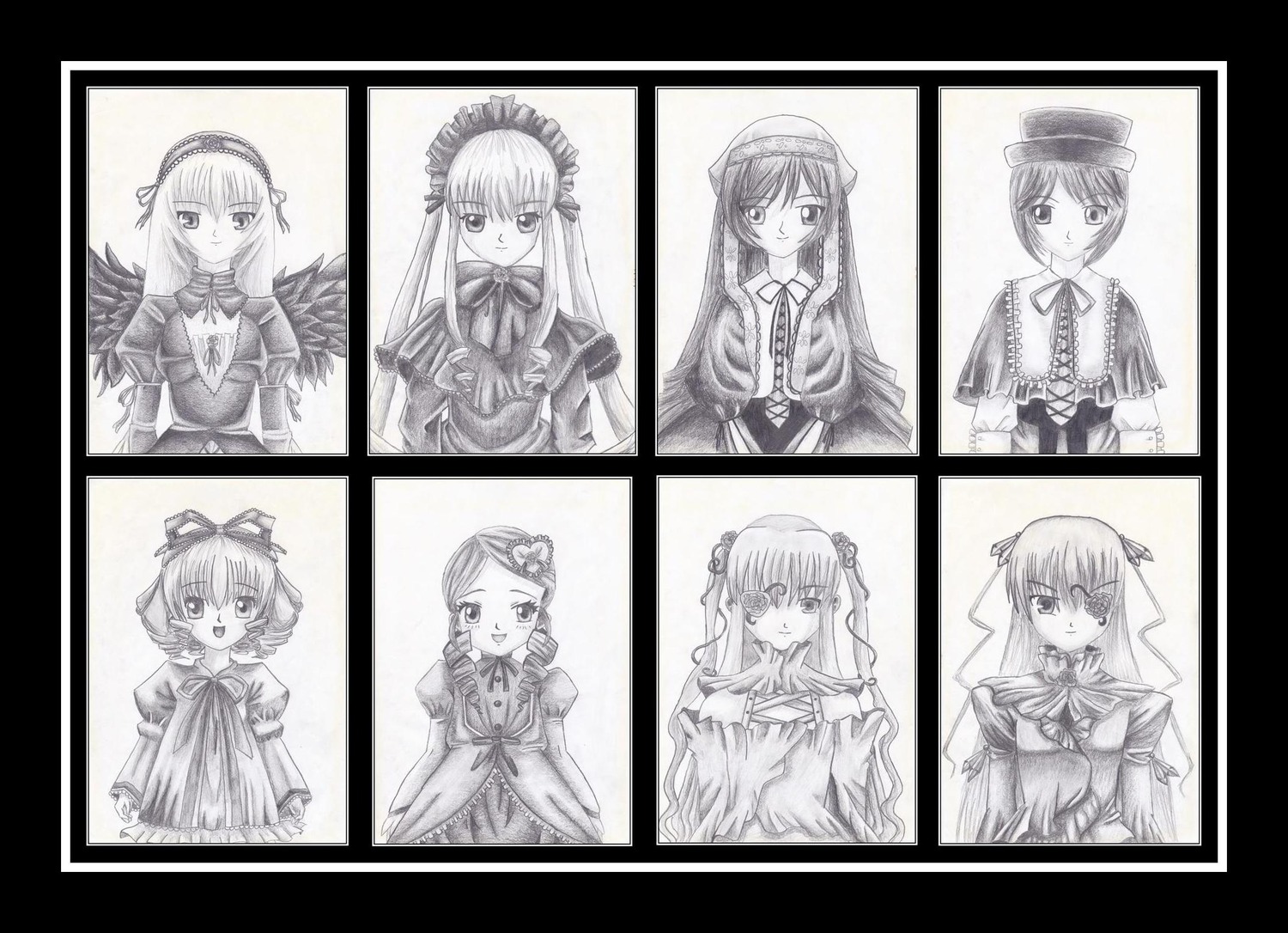 6+girls dress greyscale hairband hat image long_hair long_sleeves looking_at_viewer monochrome multiple multiple_girls ribbon shinku short_hair siblings sisters smile suigintou suiseiseki tagme twins twintails wings