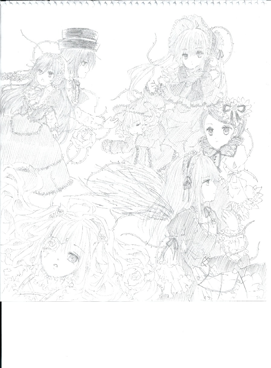 auto_tagged bonnet dress flower hairband hat image lolita_hairband long_hair looking_at_viewer monochrome multiple multiple_girls rose shinku siblings sisters sketch smile souseiseki suigintou suiseiseki tagme top_hat twins twintails wings