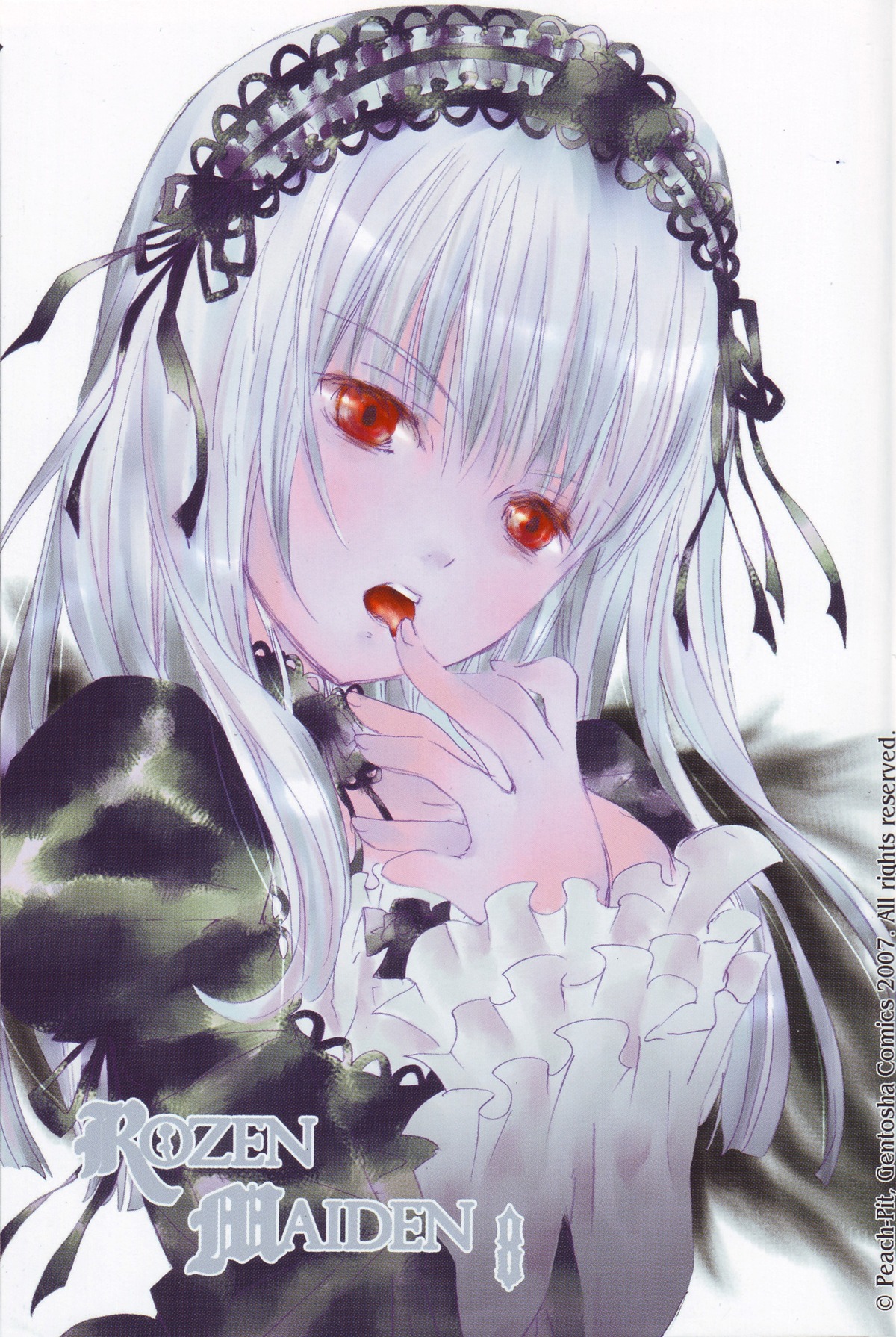 1girl bangs black_ribbon dress eyebrows_visible_through_hair frilled_sleeves frills hairband image juliet_sleeves licking long_hair long_sleeves looking_at_viewer red_eyes ribbon rose silver_hair solo suigintou traditional_media