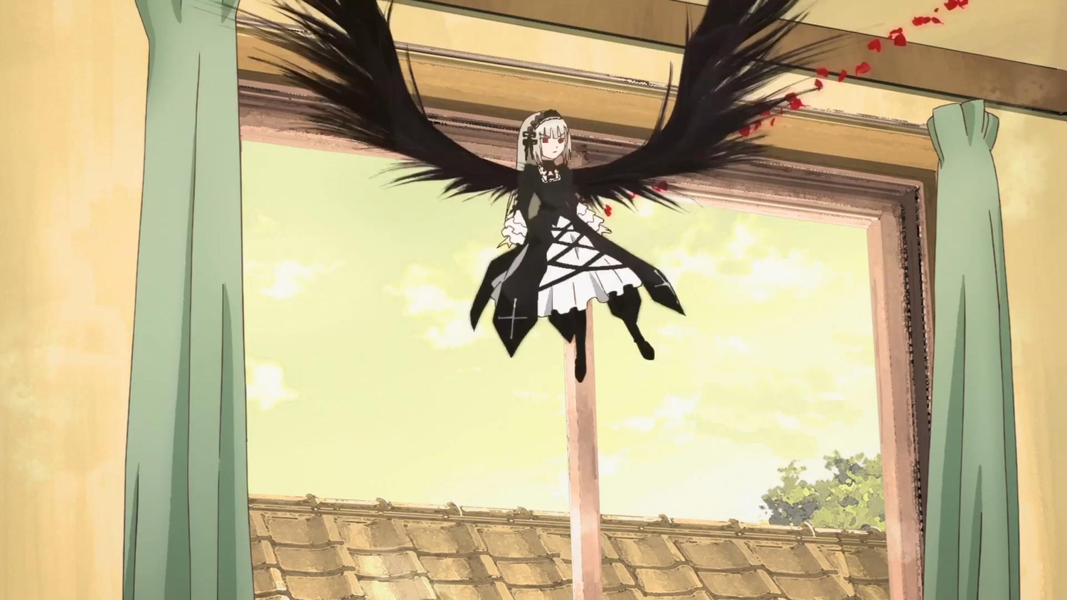 1girl black_dress black_wings curtains dress feathered_wings image long_sleeves solo suigintou window wings