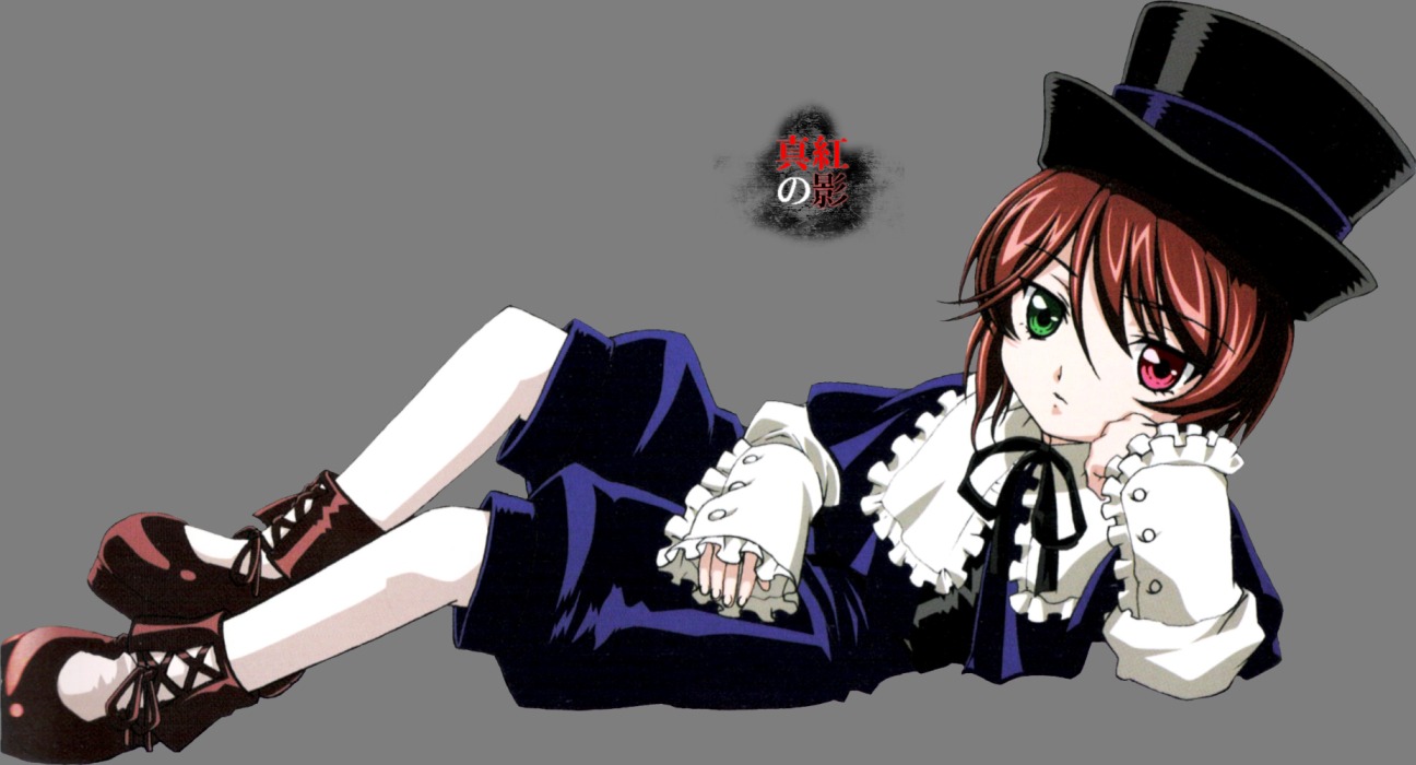 1girl brown_hair frills full_body green_eyes hat heterochromia image long_sleeves looking_at_viewer red_eyes ribbon short_hair simple_background solo souseiseki top_hat