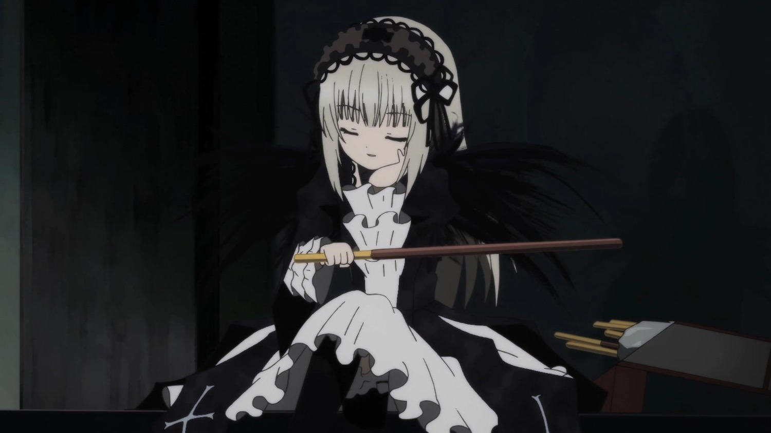 1girl apron bangs black_background black_dress black_hairband black_ribbon black_wings closed_eyes closed_mouth dress eyebrows_visible_through_hair frills hairband holding holding_weapon image knees_up knife long_hair long_sleeves ribbon silver_hair sitting solo suigintou very_long_hair weapon wings