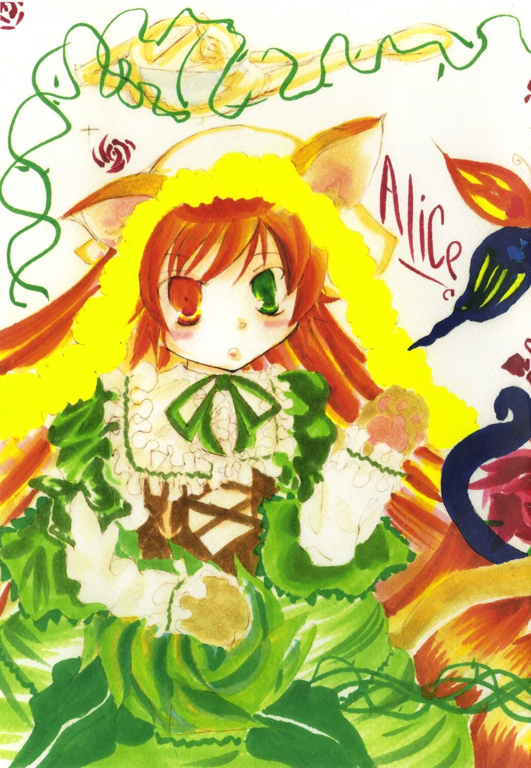 1girl animal_ears brown_hair cat_ears dress frills green_dress green_eyes hat heterochromia image long_hair long_sleeves looking_at_viewer red_eyes solo suiseiseki tail very_long_hair