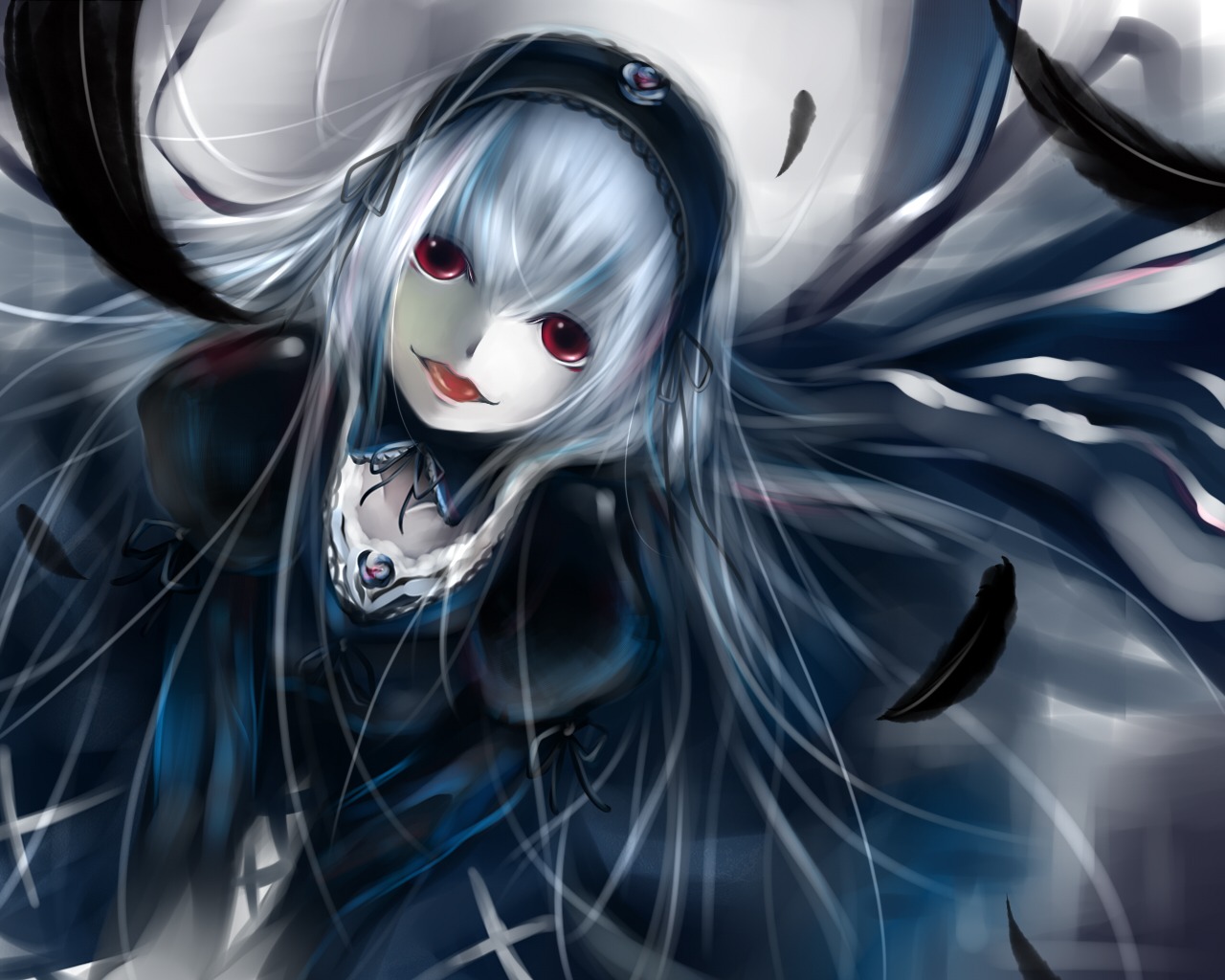 1girl :p black_dress black_ribbon black_wings detached_collar dress feathers flower frills from_above hairband image juliet_sleeves long_hair long_sleeves looking_at_viewer puffy_sleeves red_eyes ribbon rose silver_hair solo suigintou tongue tongue_out very_long_hair wings