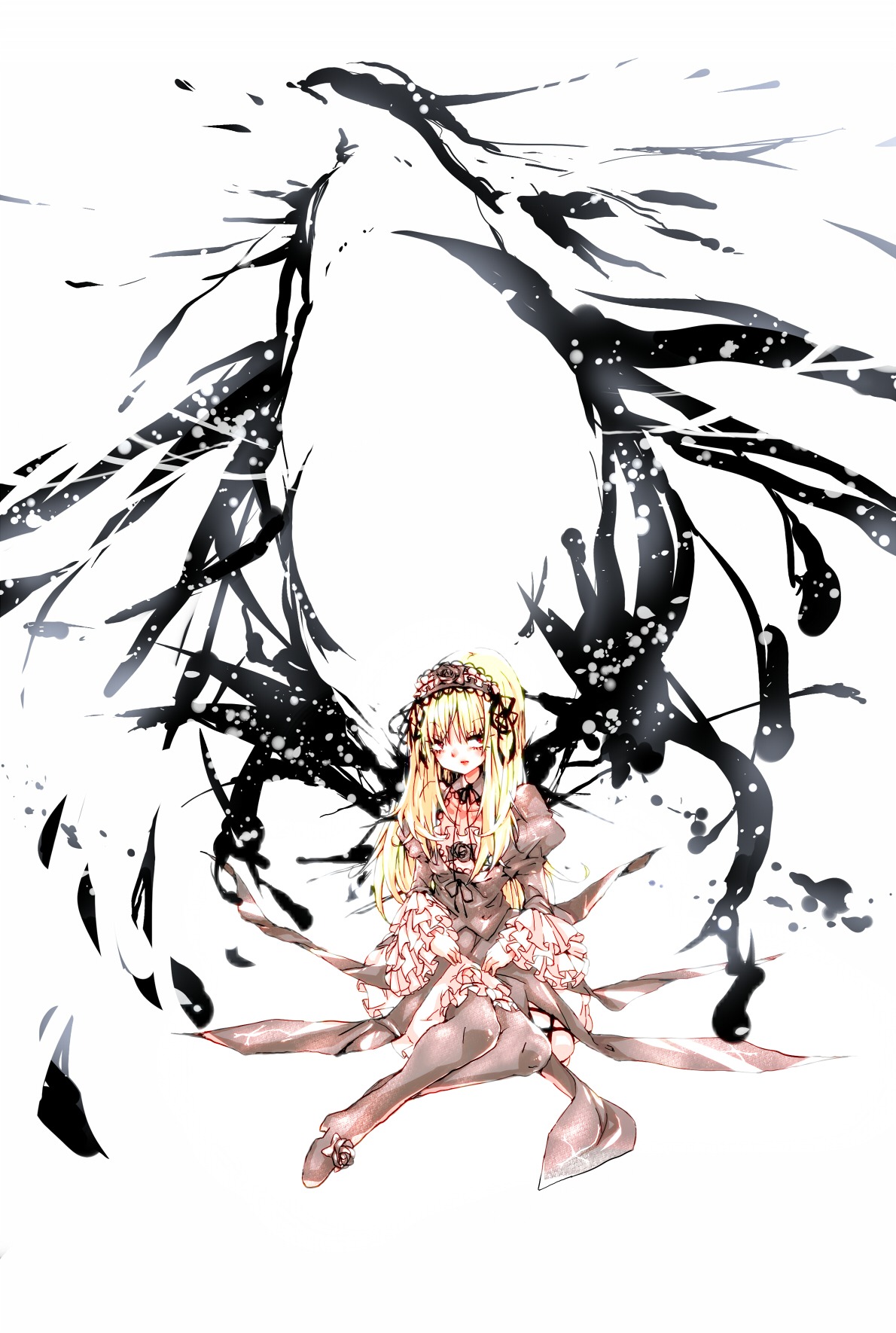 1girl blonde_hair closed_eyes dress flower hairband image long_hair sitting solo suigintou