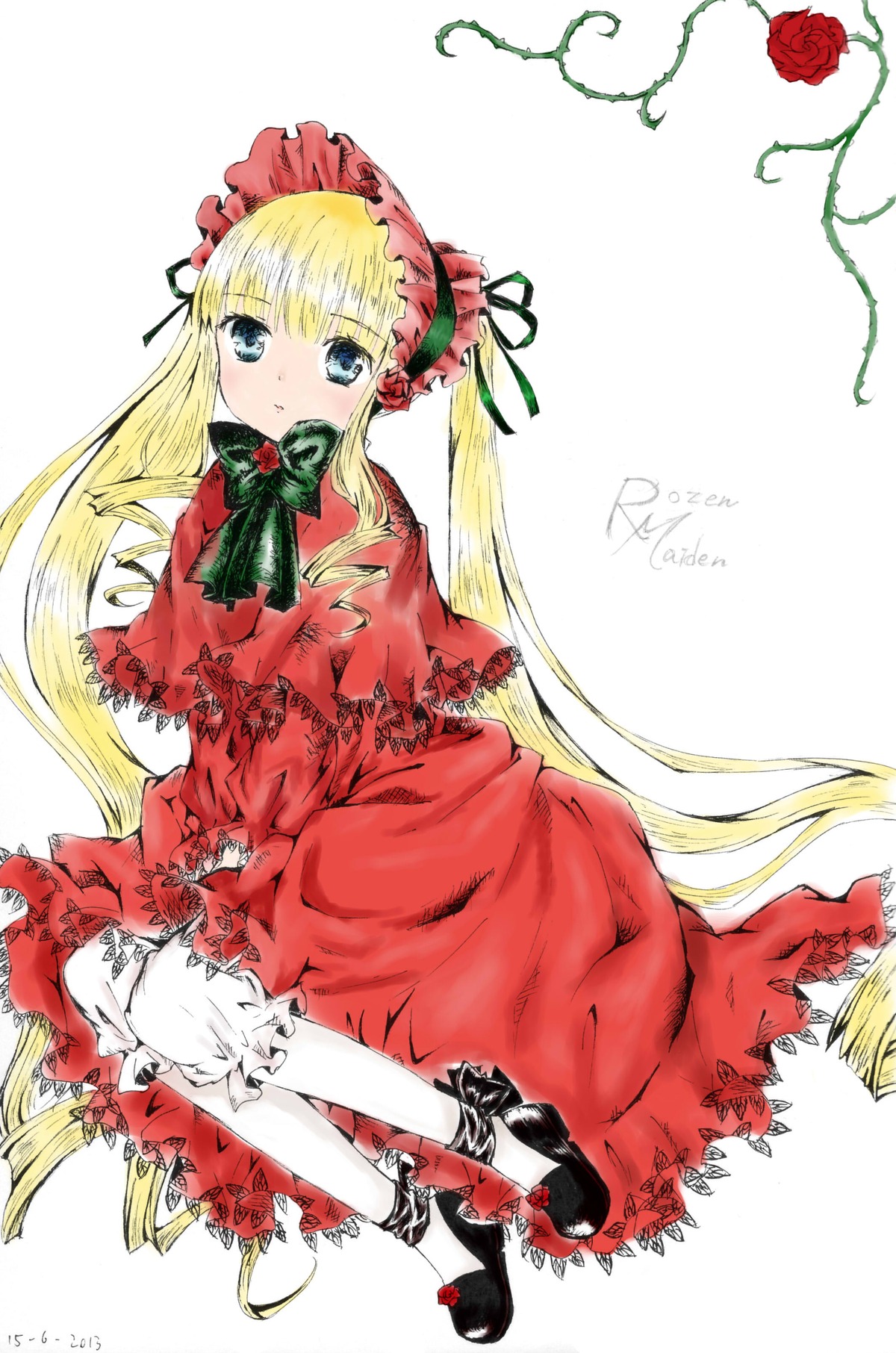 1girl blonde_hair bloomers blue_eyes bonnet bow bowtie capelet dress flower full_body image long_hair long_sleeves looking_at_viewer red_dress red_flower red_rose rose shinku shoes sitting solo twintails underwear very_long_hair white_background