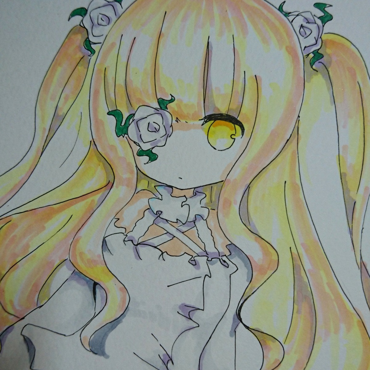 1girl bangs blonde_hair dress expressionless flower hair_flower hair_ornament image kirakishou leaf long_hair looking_at_viewer no_nose plant rose solo thorns traditional_media upper_body very_long_hair white_flower white_rose