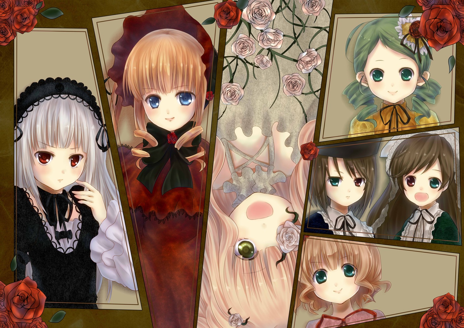 6+girls :d blonde_hair blue_eyes blush bonnet bow brown_hair dress drill_hair flower frills green_eyes green_hair hairband hat heterochromia hina_ichigo image kanaria long_hair looking_at_viewer multiple multiple_girls open_mouth pink_flower pink_rose purple_rose red_eyes red_flower red_rose ribbon rose shinku short_hair silver_hair sisters smile souseiseki suigintou suiseiseki tagme thorns twintails white_rose