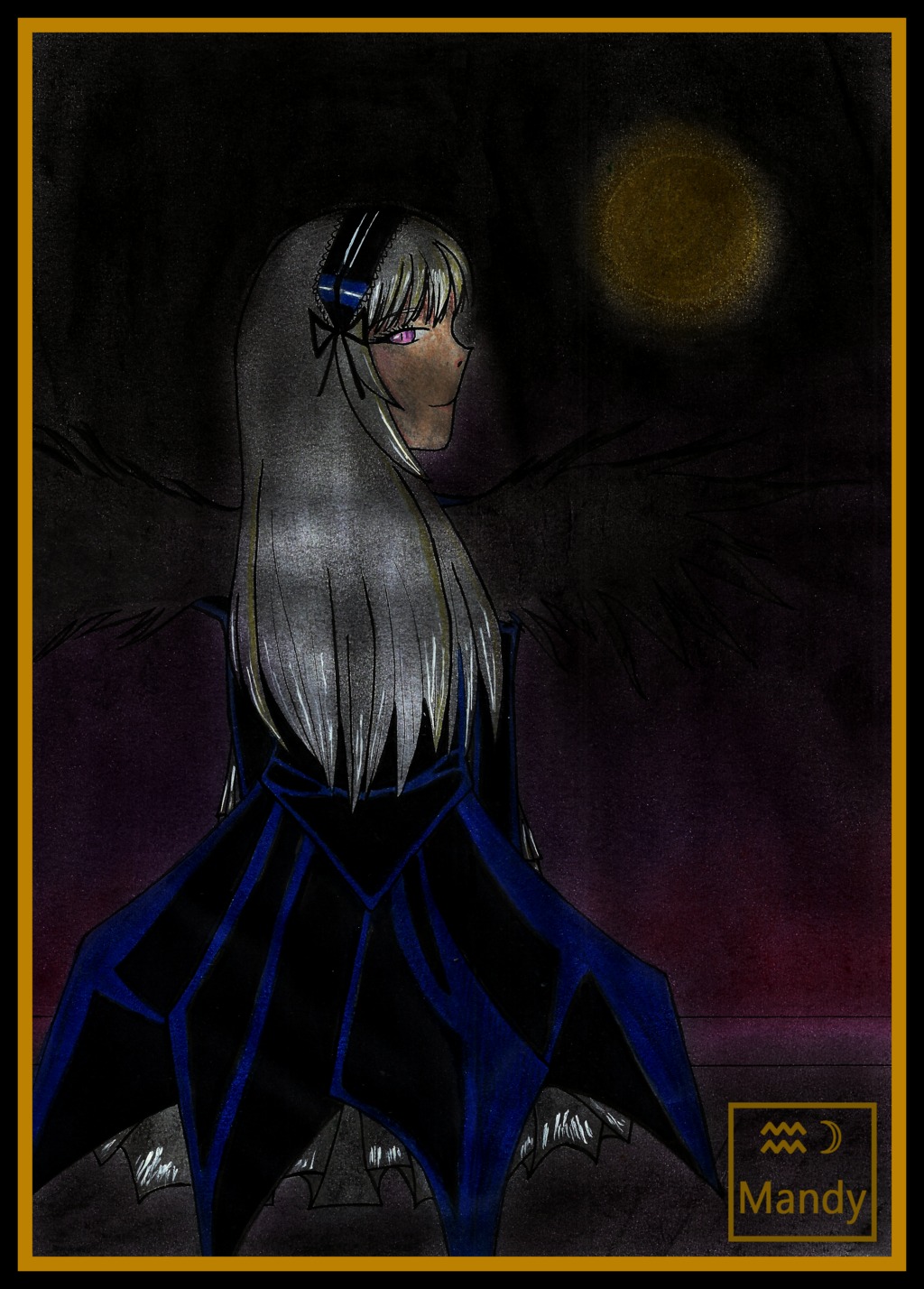 1girl dress hair_ornament letterboxed long_hair looking_at_viewer purple_eyes silver_hair solo suigintou