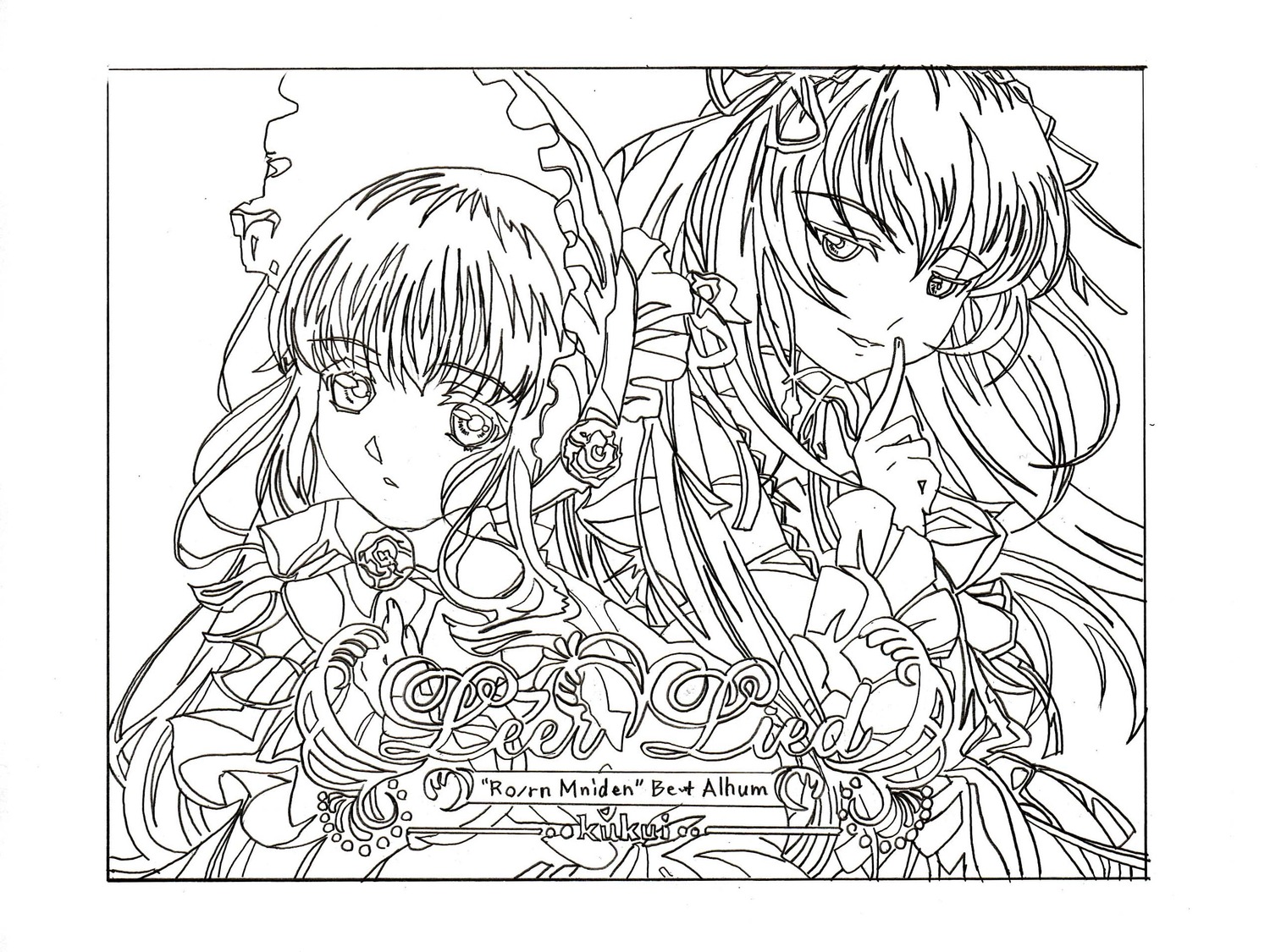 2girls auto_tagged finger_to_mouth flower greyscale hairband image index_finger_raised lineart long_hair looking_at_viewer monochrome multiple_girls pair possible_duplicate ribbon rose shinku smile suigintou