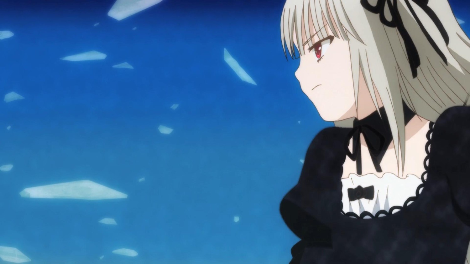 1girl bangs black_dress black_ribbon closed_mouth dress feathers frills hairband image long_hair long_sleeves looking_afar looking_away outdoors profile red_eyes ribbon silver_hair sky solo suigintou tears upper_body