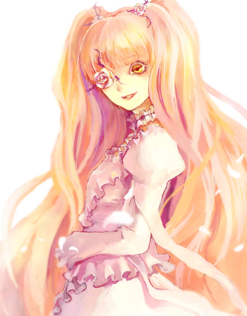 1girl blonde_hair bow dress frills hair_ornament image kirakishou long_hair pink_hair smile solo striped two_side_up vertical_stripes very_long_hair yellow_eyes